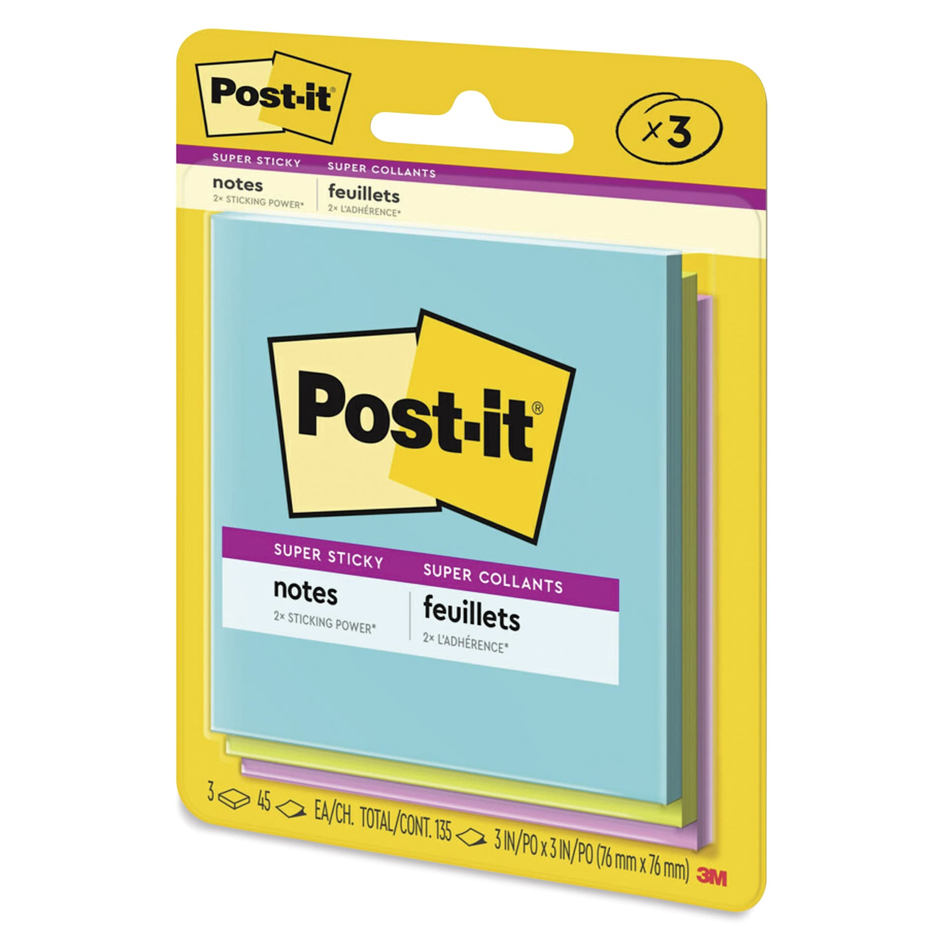 Post-it Super Sticky Notes - 3" x 3", Supernova Neons Collection, Blank, Pkg of 3