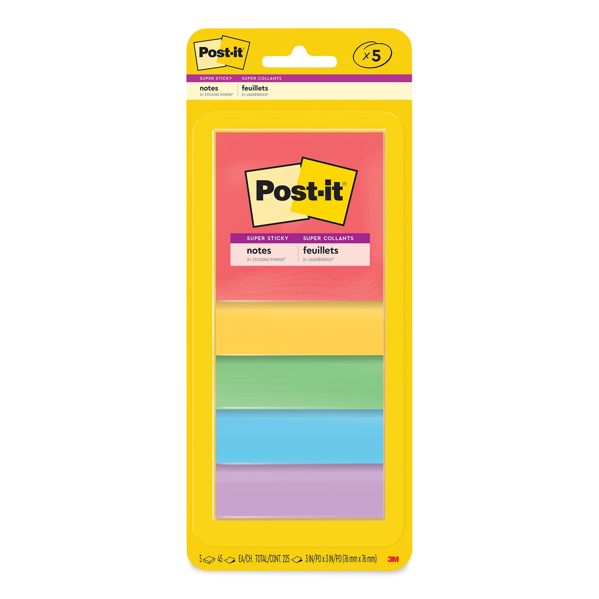 Post-it Super Sticky Notes - Pkg of 5, 3" x 3", Playful Primaries, Blank front of packaging