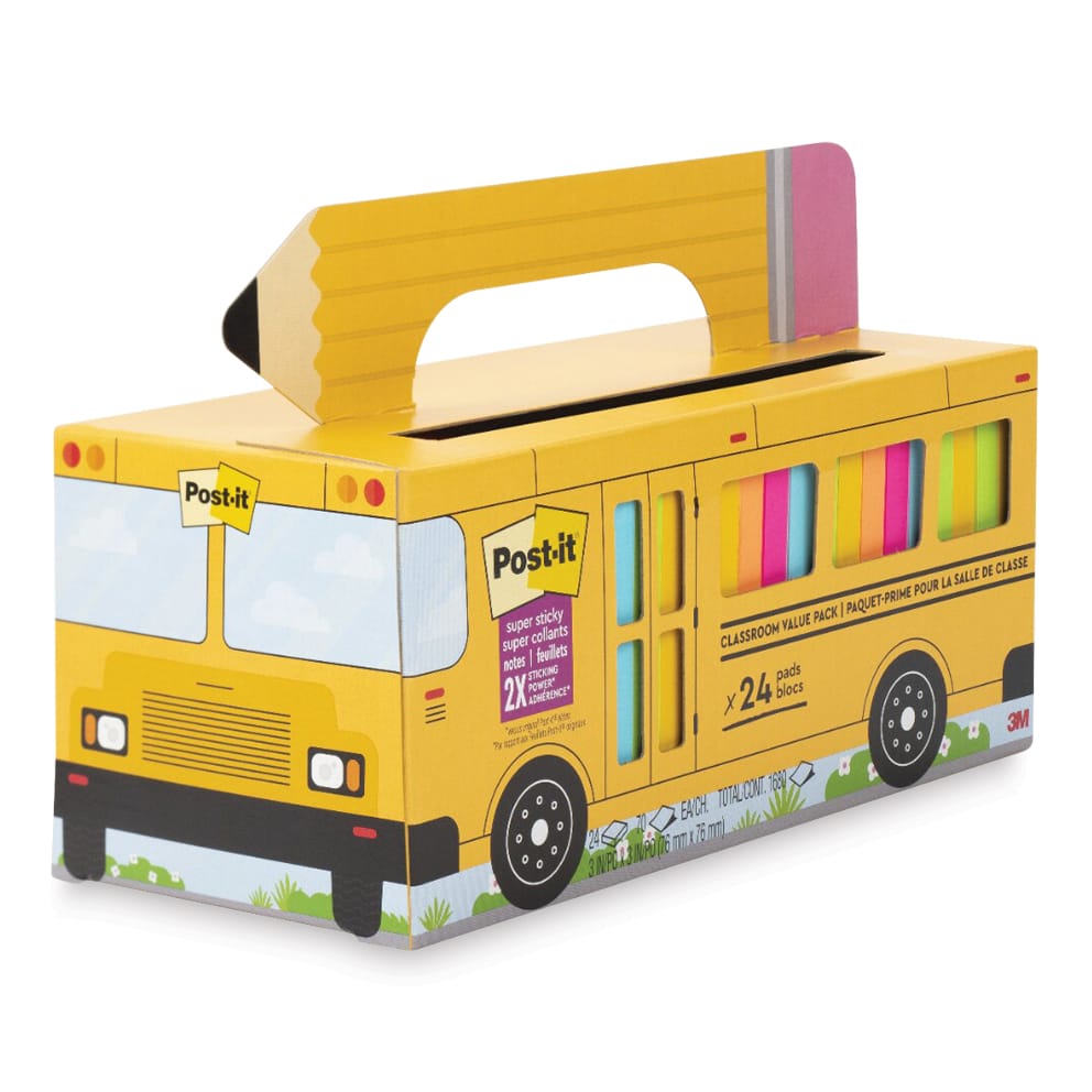 Post-It Super Sticky Notes School Bus Pack - Pkg of 24, Bright Colors, 3" x 3", Blank displaying bus packaging