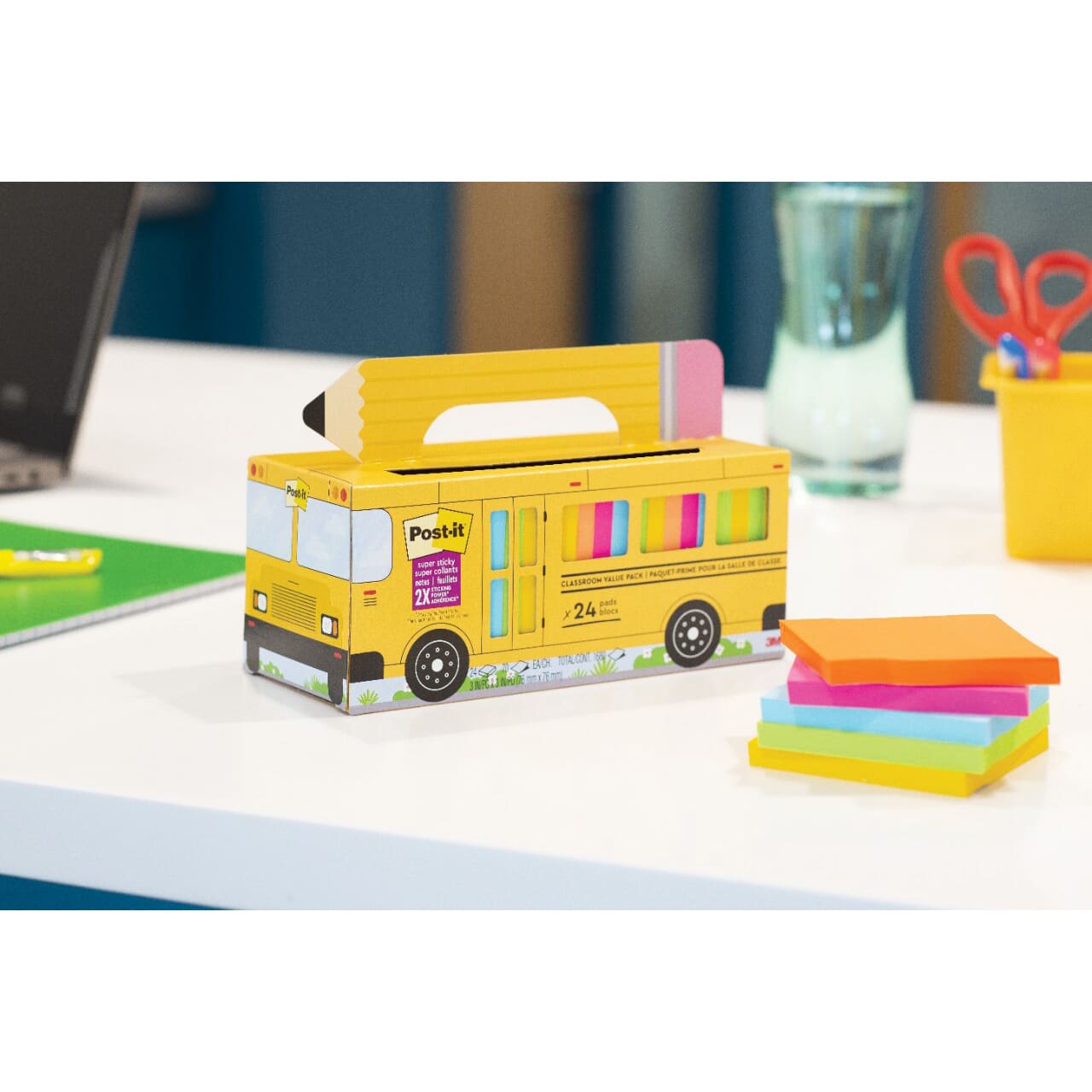 Post-It Super Sticky Notes School Bus Pack - Pkg of 24, Bright Colors, 3" x 3", Blank laying on desk