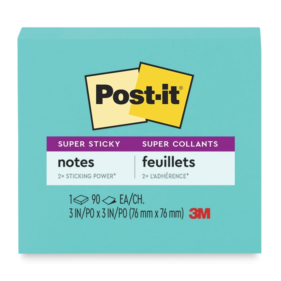 Post-it Super Sticky Notes - Single Pad, 3" x 3", Aqua Splash, Blank front of packaging