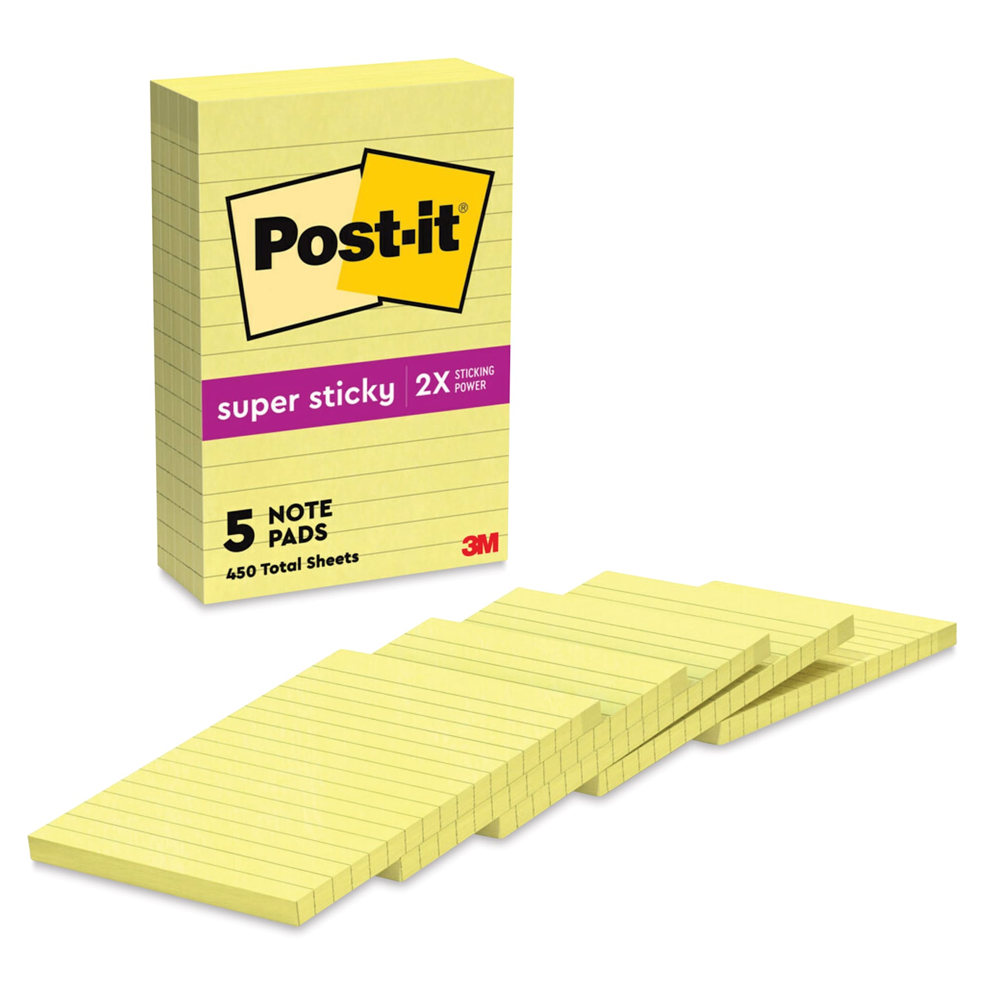 Post-it Super Sticky Notes - Pkg of 5, 4" x 6", Canary Yellow, Lined