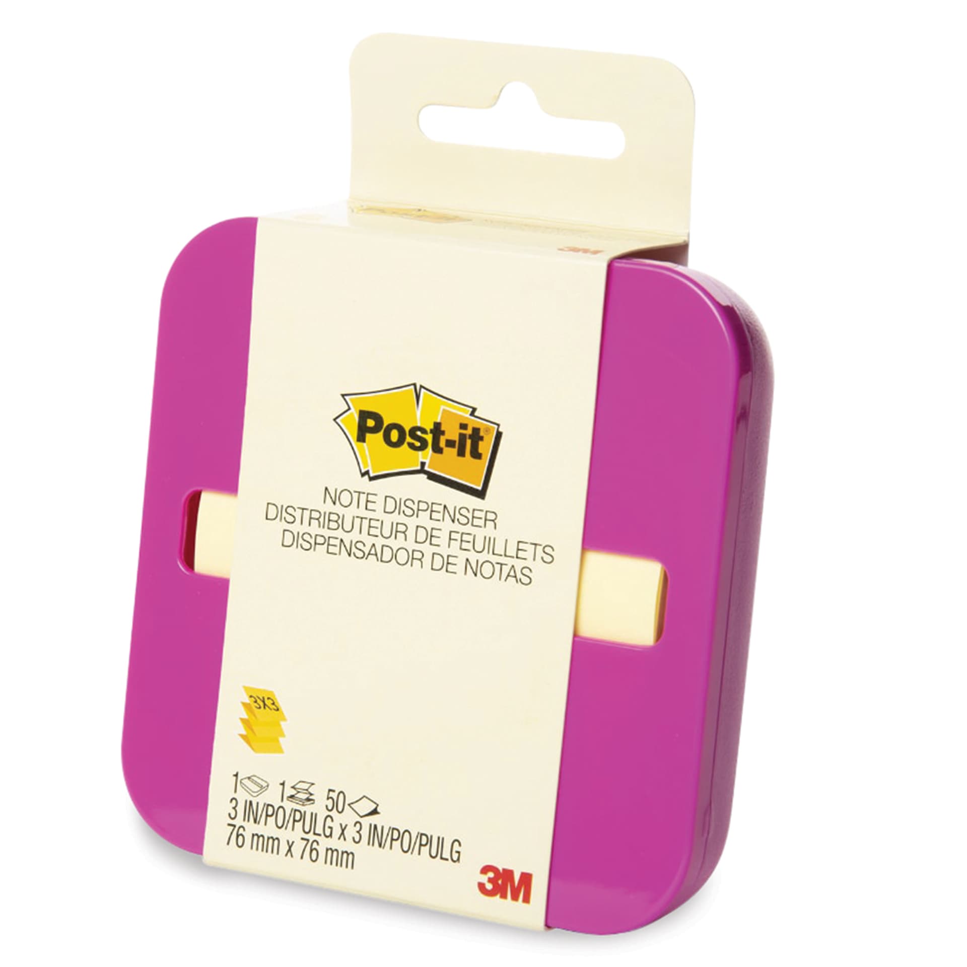 Post-it Pop Up Bright Dispensers - Pink, in packaging. Colors will vary.