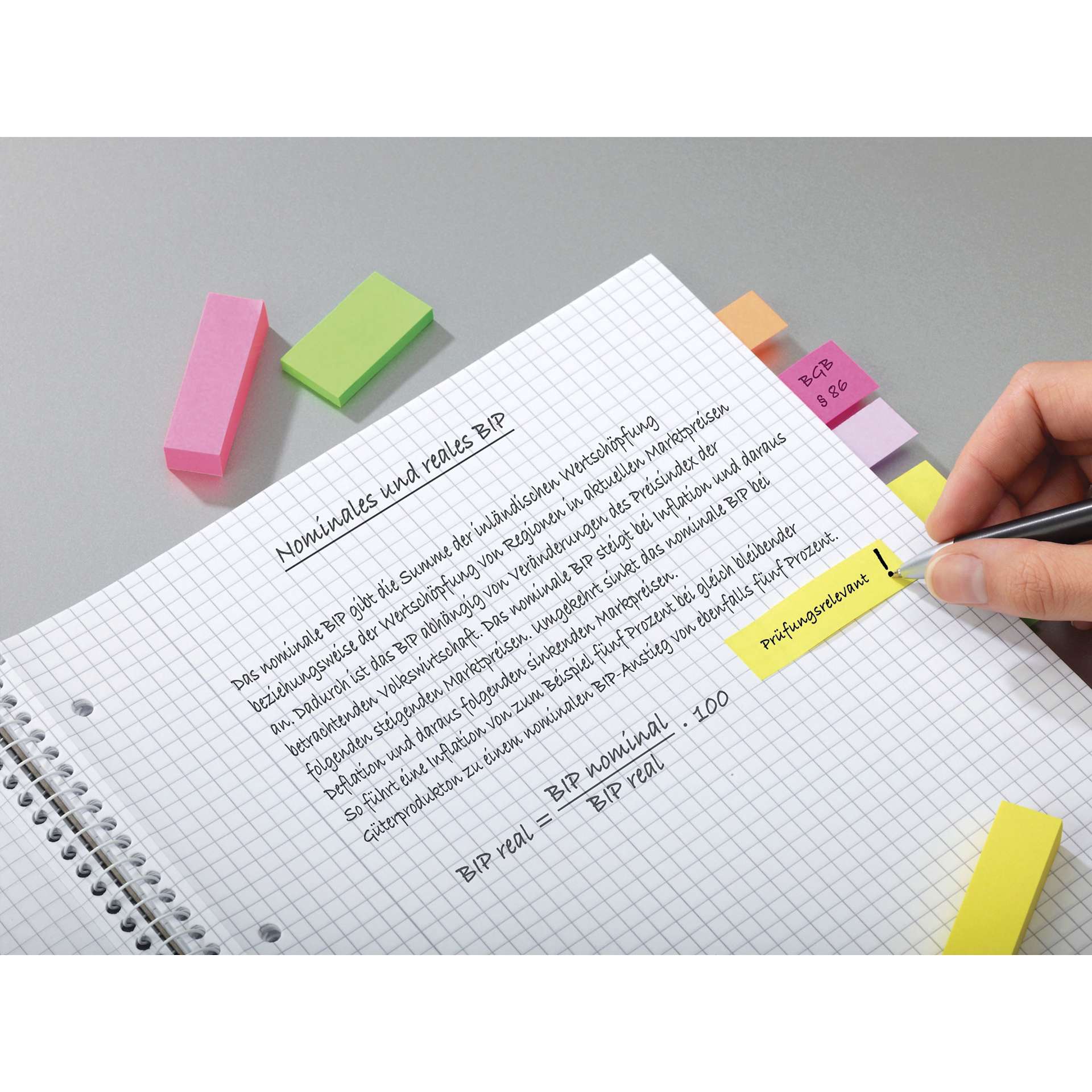 Post-it Page Markers marking pages in a notebook and having notes written on them