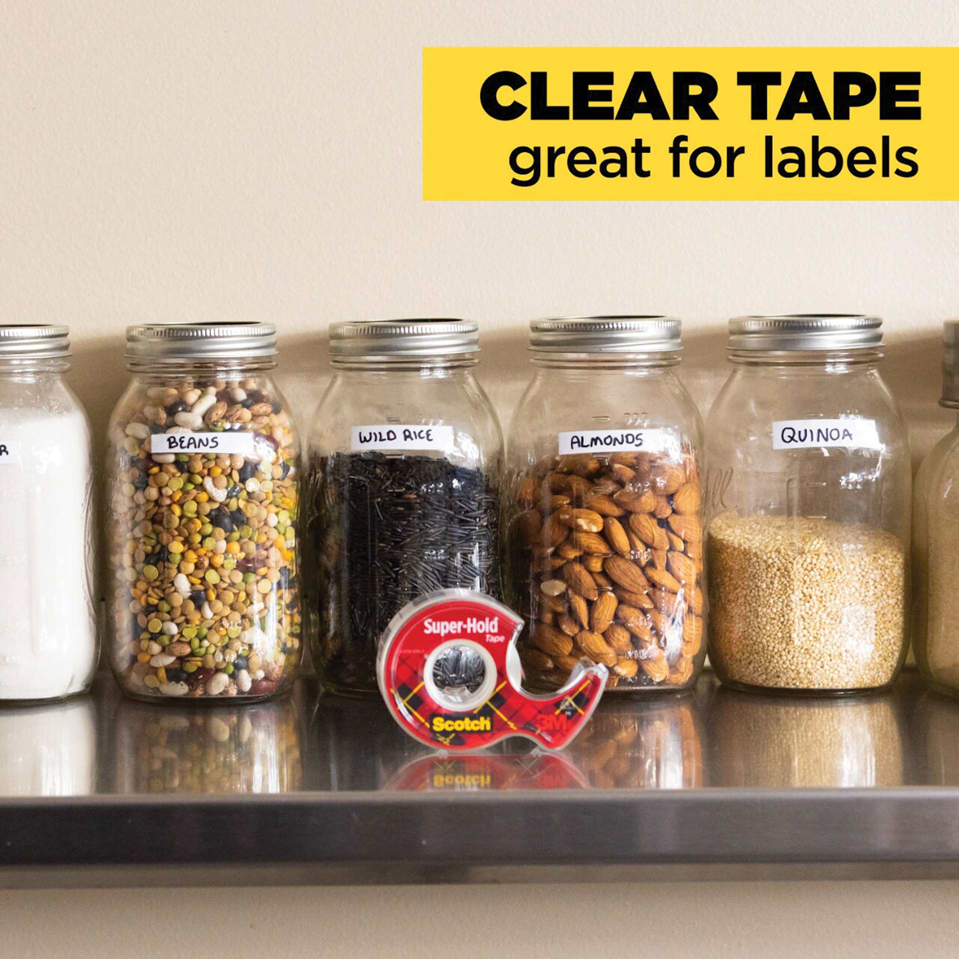 Scotch Super Hold Tape being used to label glass jars