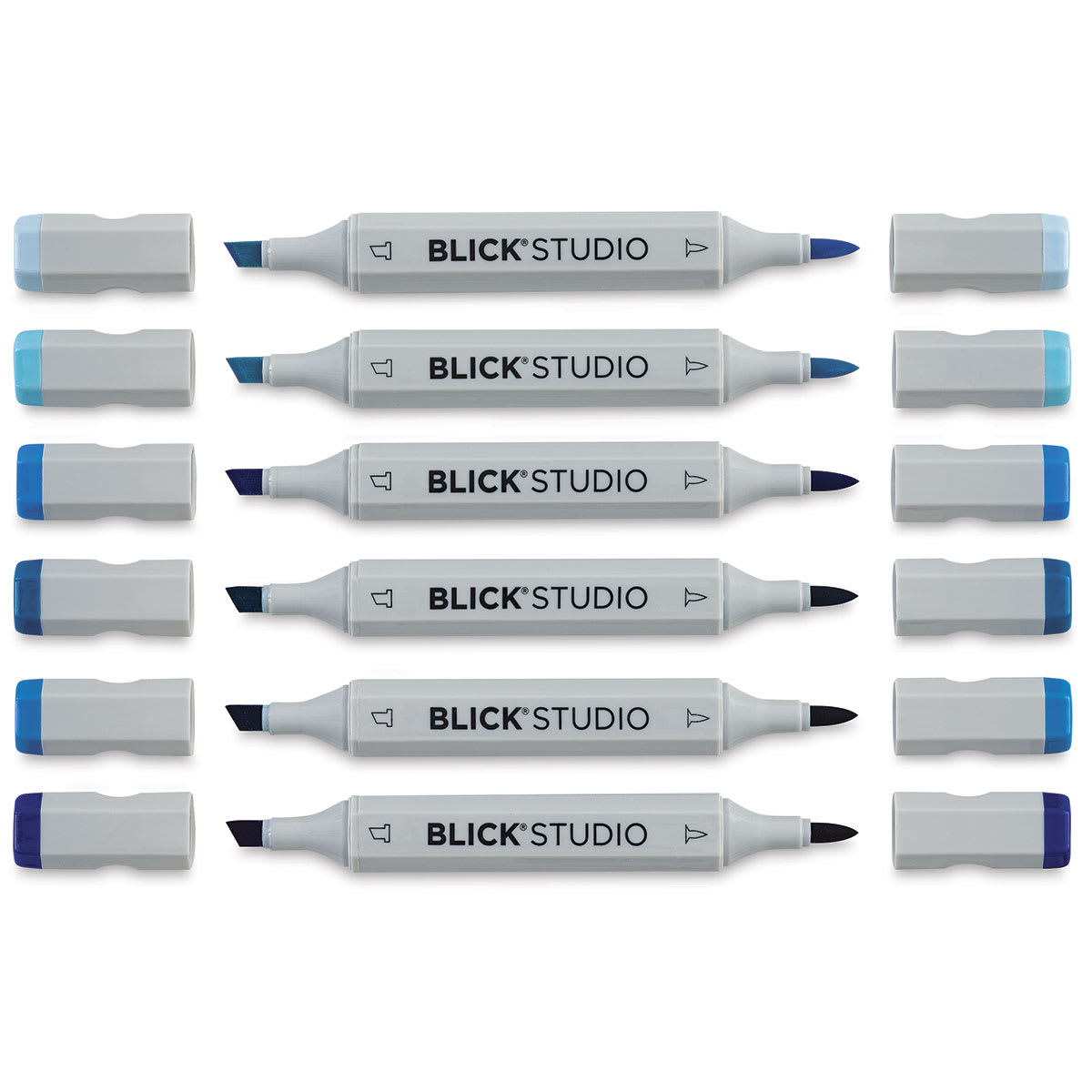 Blick Studio Brush Markers - Blue Colors, Set of 6 (with caps off)