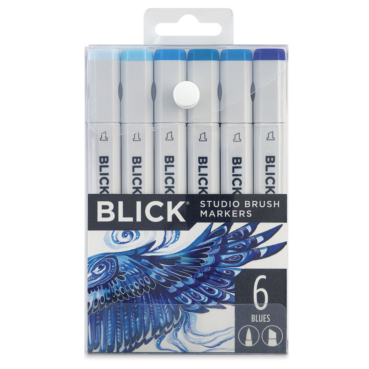Blick Studio Brush Markers - Blue Colors, Set of 6. Front of package. Blick Studio Brush Markers - Blue Colors, Set of 6. Front of package.