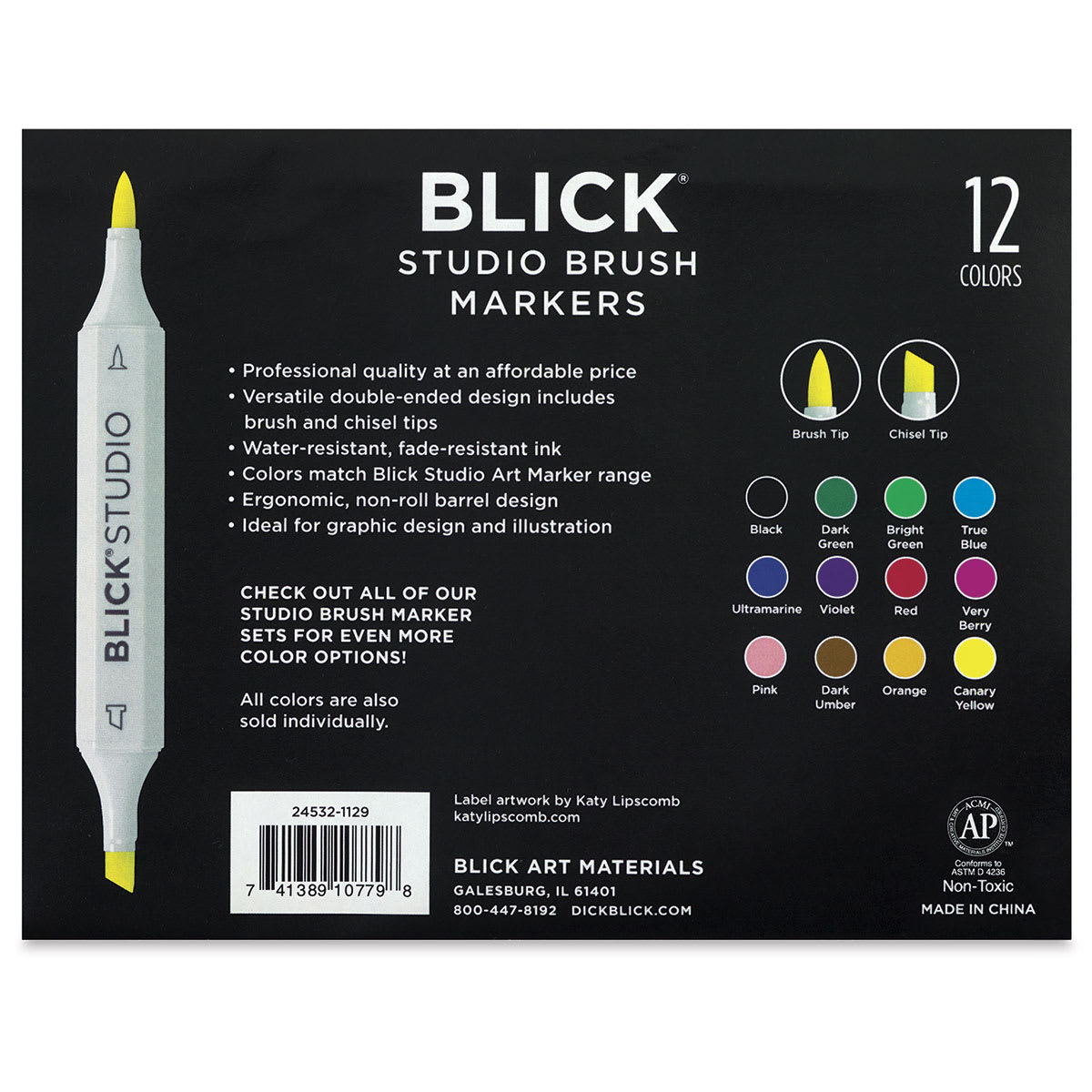 Blick Studio Brush Markers - Assorted Colors, Set of 12 - back of packaging Blick Studio Brush Markers - Assorted Colors, Set of 12 - back of packaging