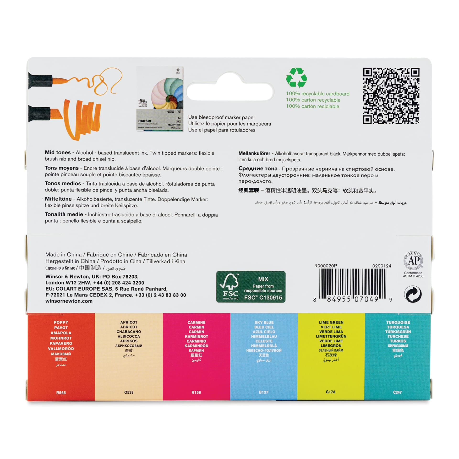 Winsor & Newton Promarker Brush Markers - Mid Tones, Set of 6, back of the packaging