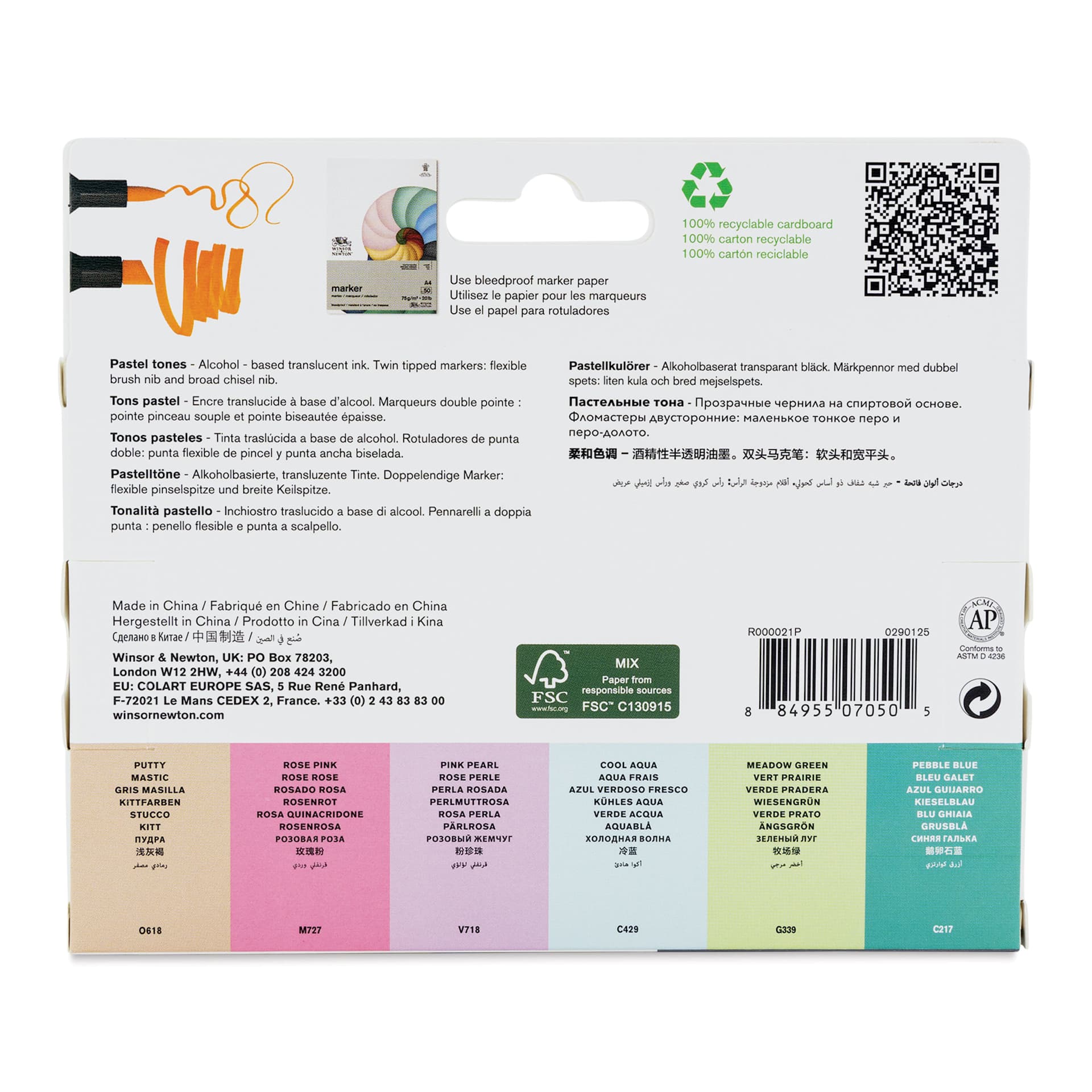 Winsor & Newton Promarker Brush Markers - Pastel Tones, Set of 6, back of the packgaing