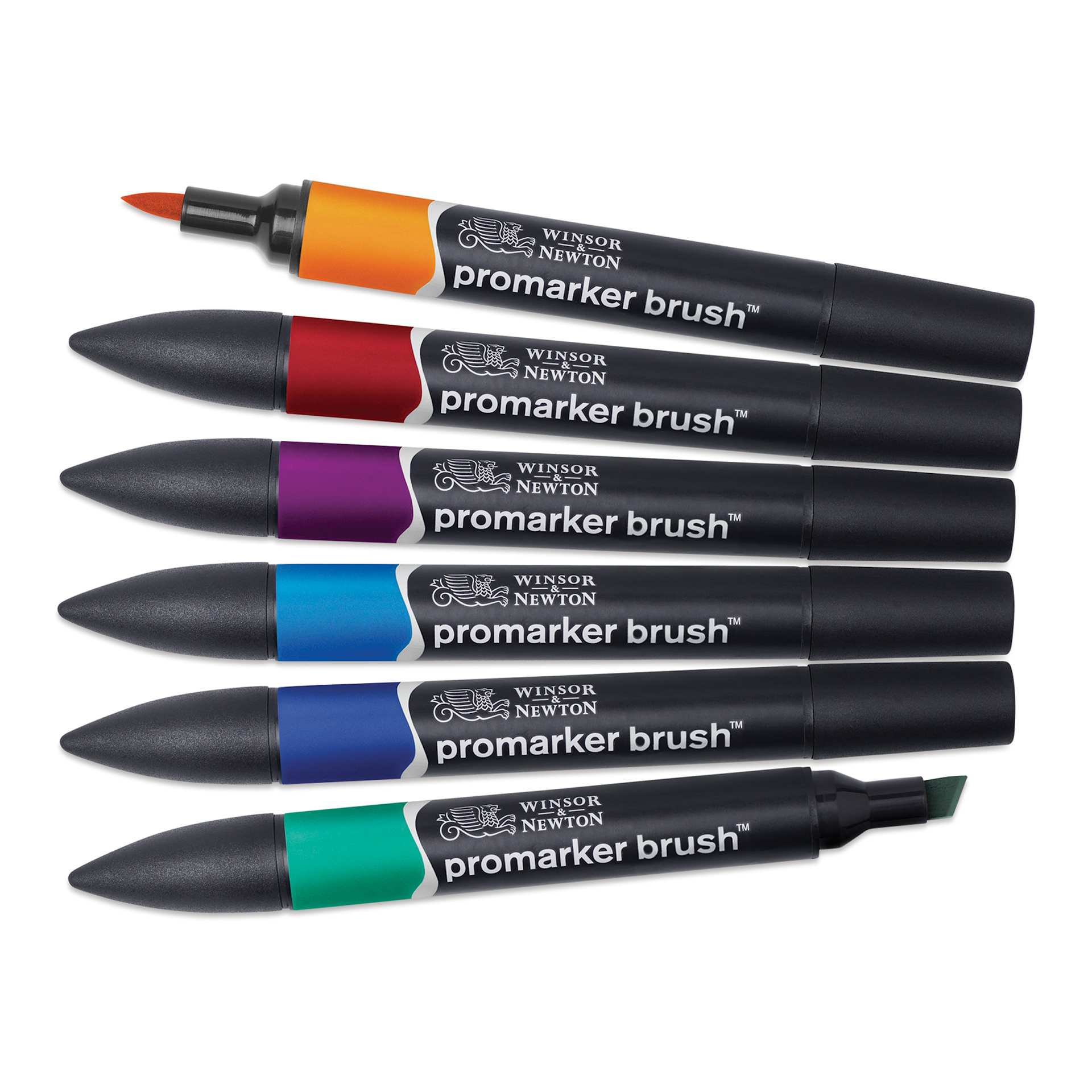 Winsor & Newton Promarker Brush Markers - Rich Tones, Set of 6, markes fanned out Winsor & Newton Promarker Brush Markers - Rich Tones, Set of 6, markes fanned out