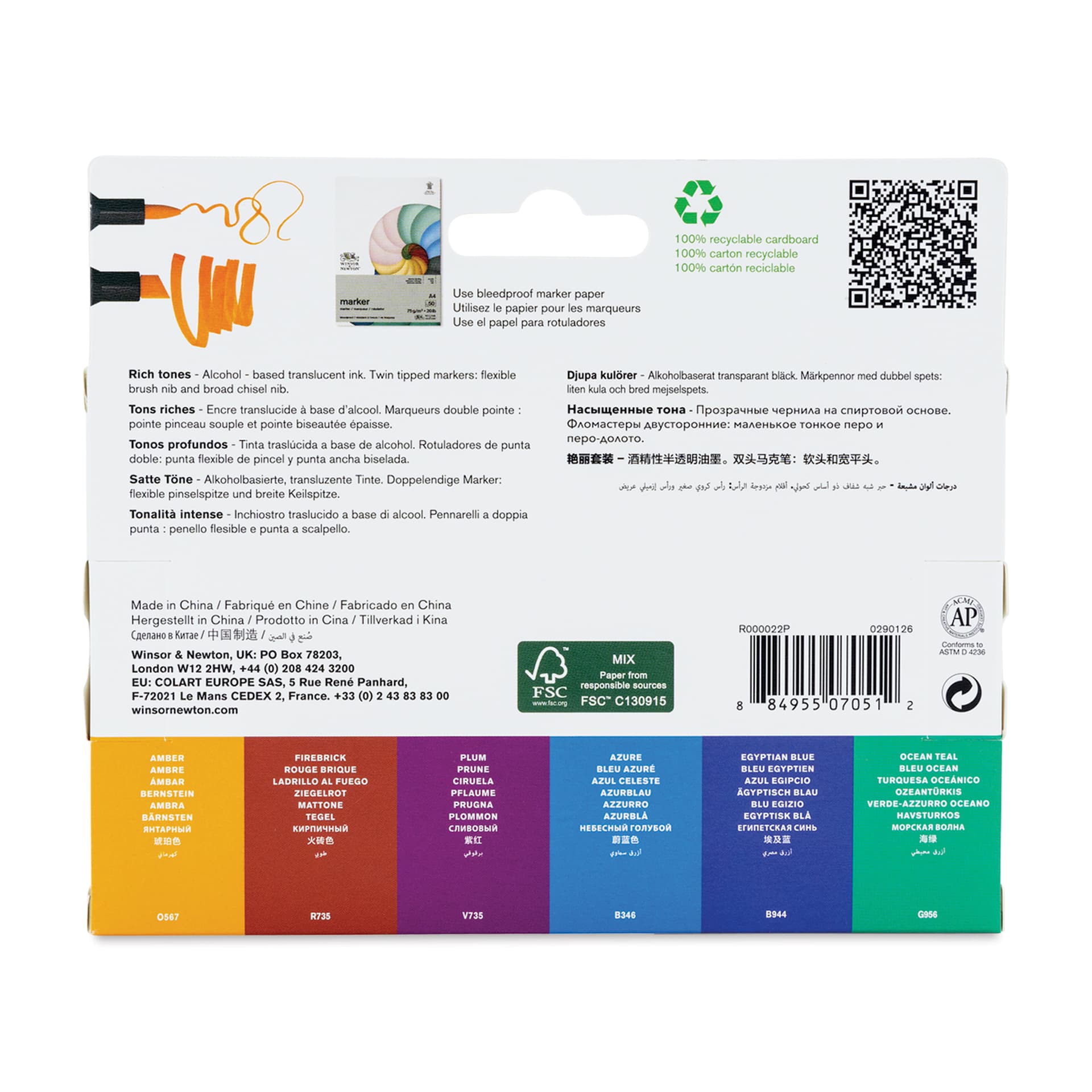 Winsor & Newton Promarker Brush Markers - Rich Tones, Set of 6, back of the packaging