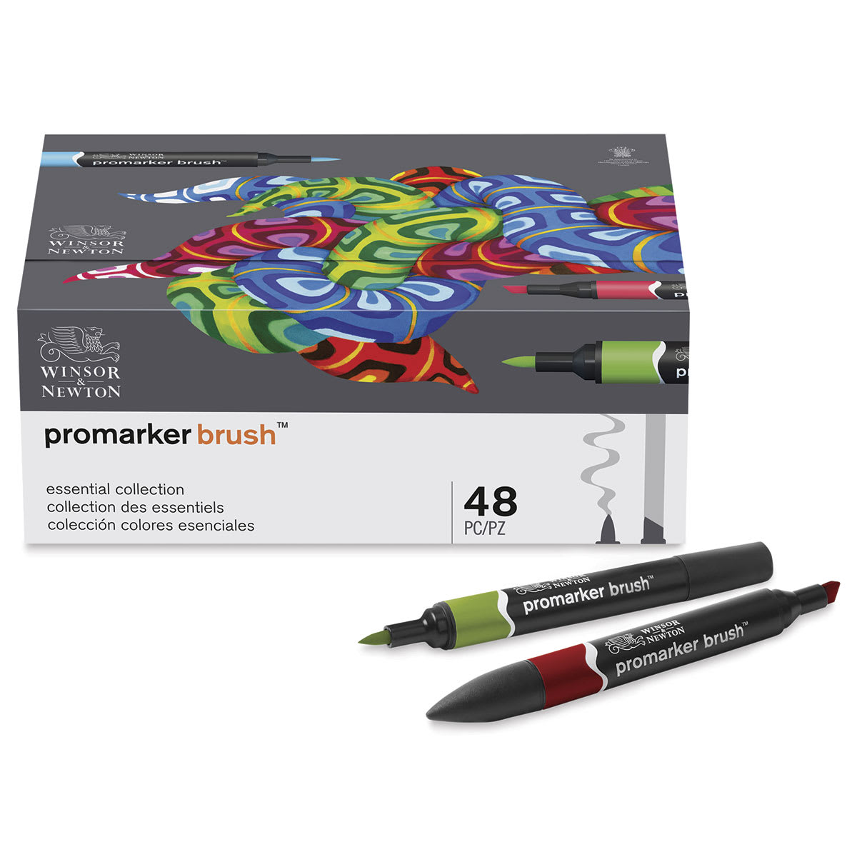 Promarker Brush Markers - Front of package of 48 pc Essential Colors with 2 markers out and uncapped Promarker Brush Markers - Front of package of 48 pc Essential Colors with 2 markers out and uncapped