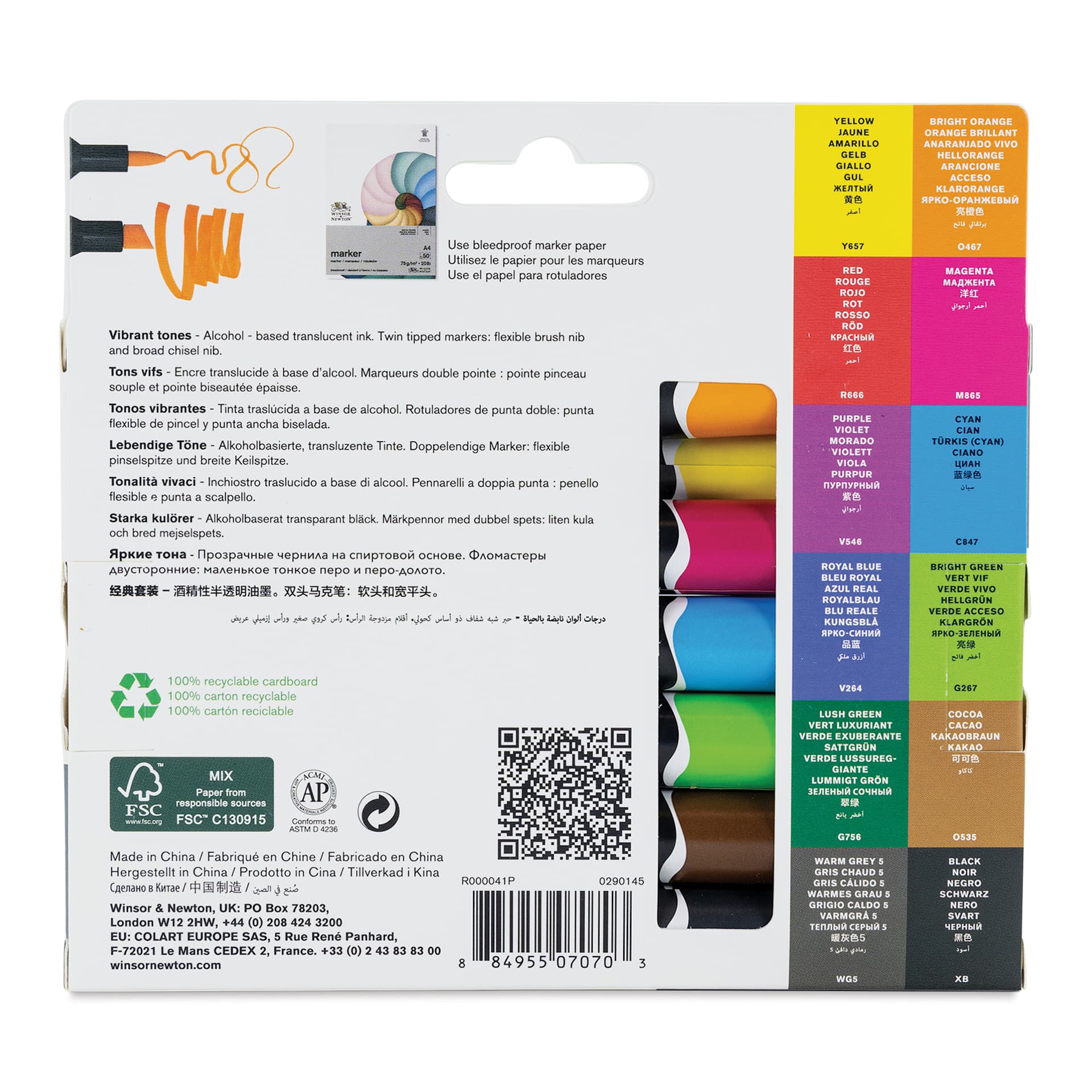 Winsor & Newton Promarker Brush Markers - Vibrant Tones, Set of 12, back of the packaging