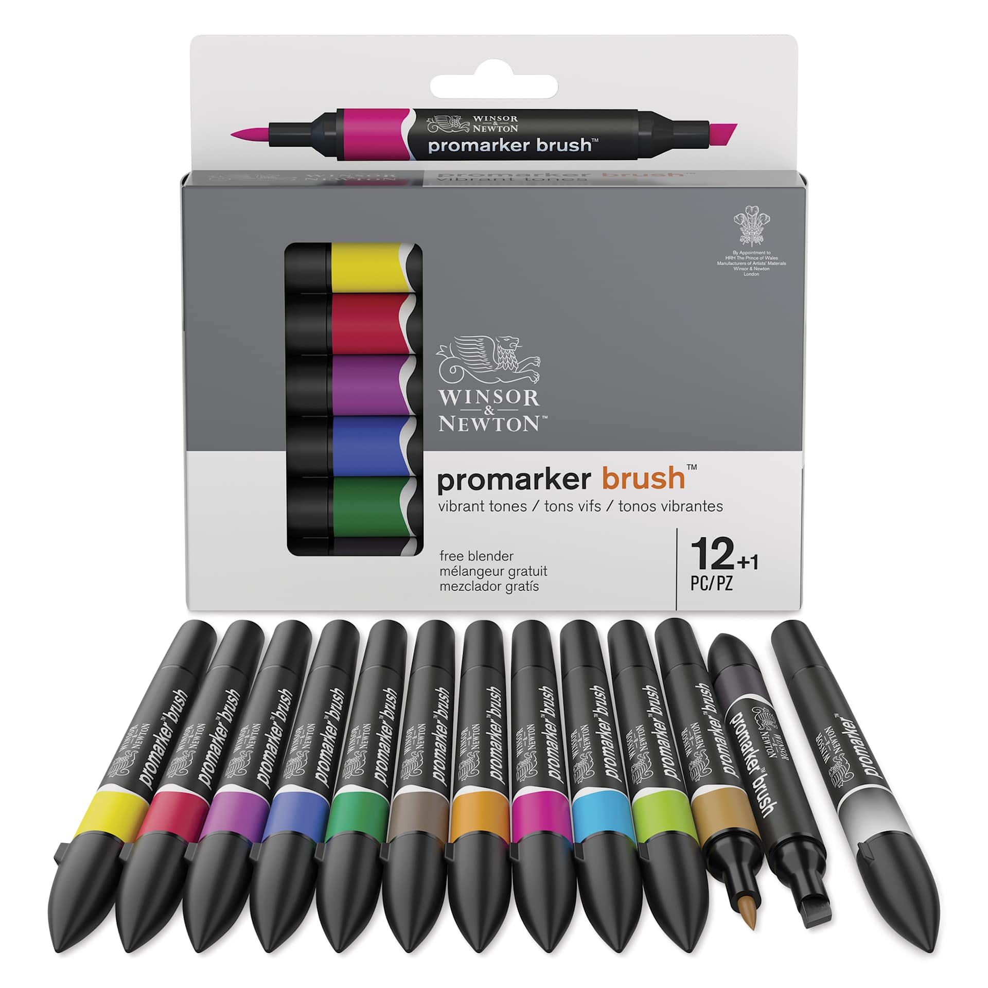 Winsor & Newton Promarker Brush Markers - Vibrant Tones, Set of 12, markers laid out in front of pack Winsor & Newton Promarker Brush Markers - Vibrant Tones, Set of 12, markers laid out in front of pack