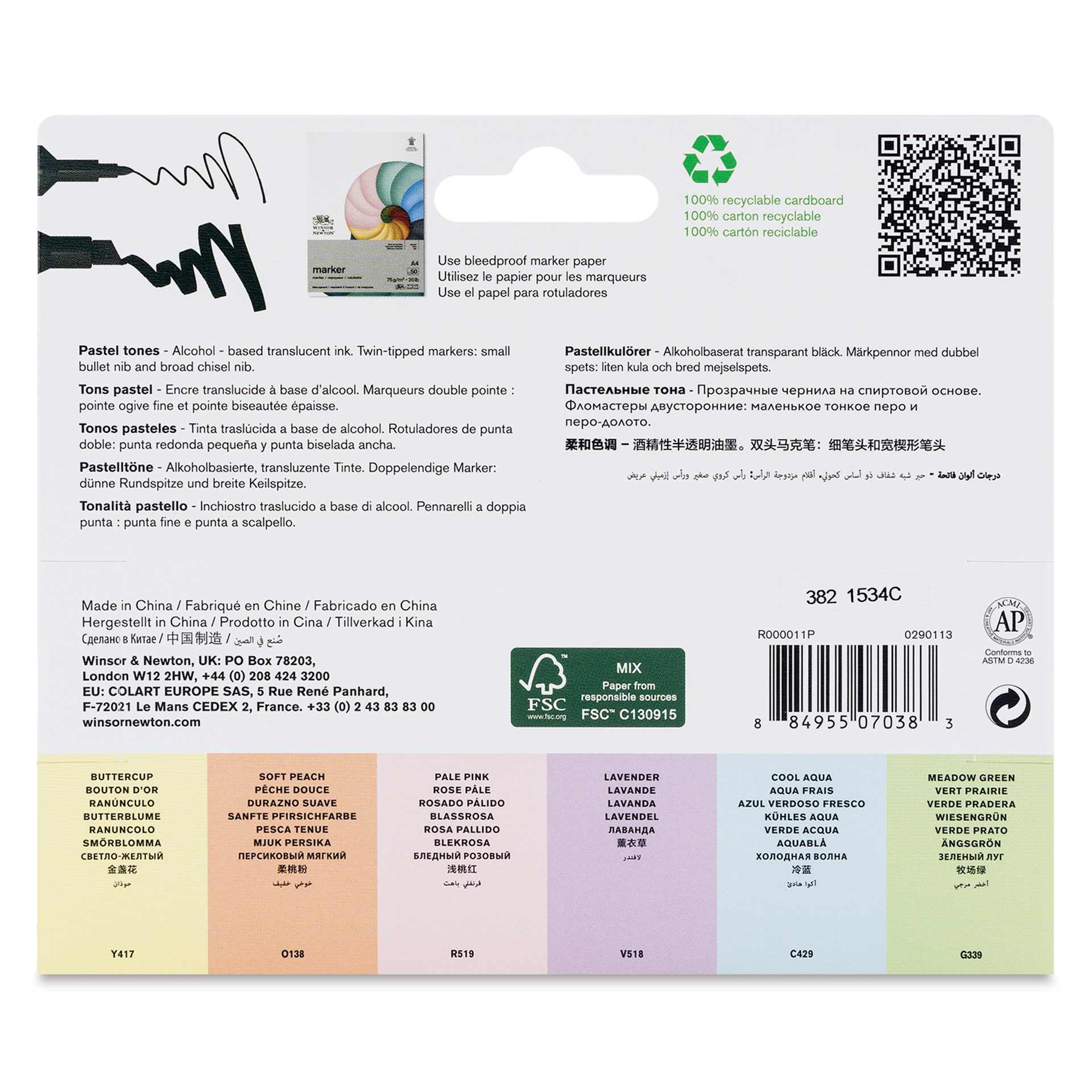 Winsor & Newton Promarker - Pastel Tones, Set of 6, back of packaging