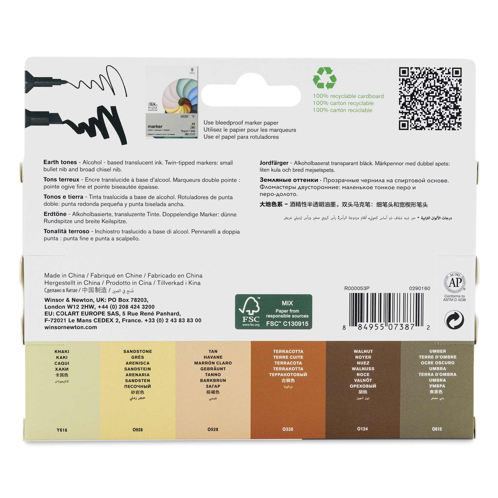 Winsor & Newton Promarkers - Earth Tones, Set of 6, back of the packaging