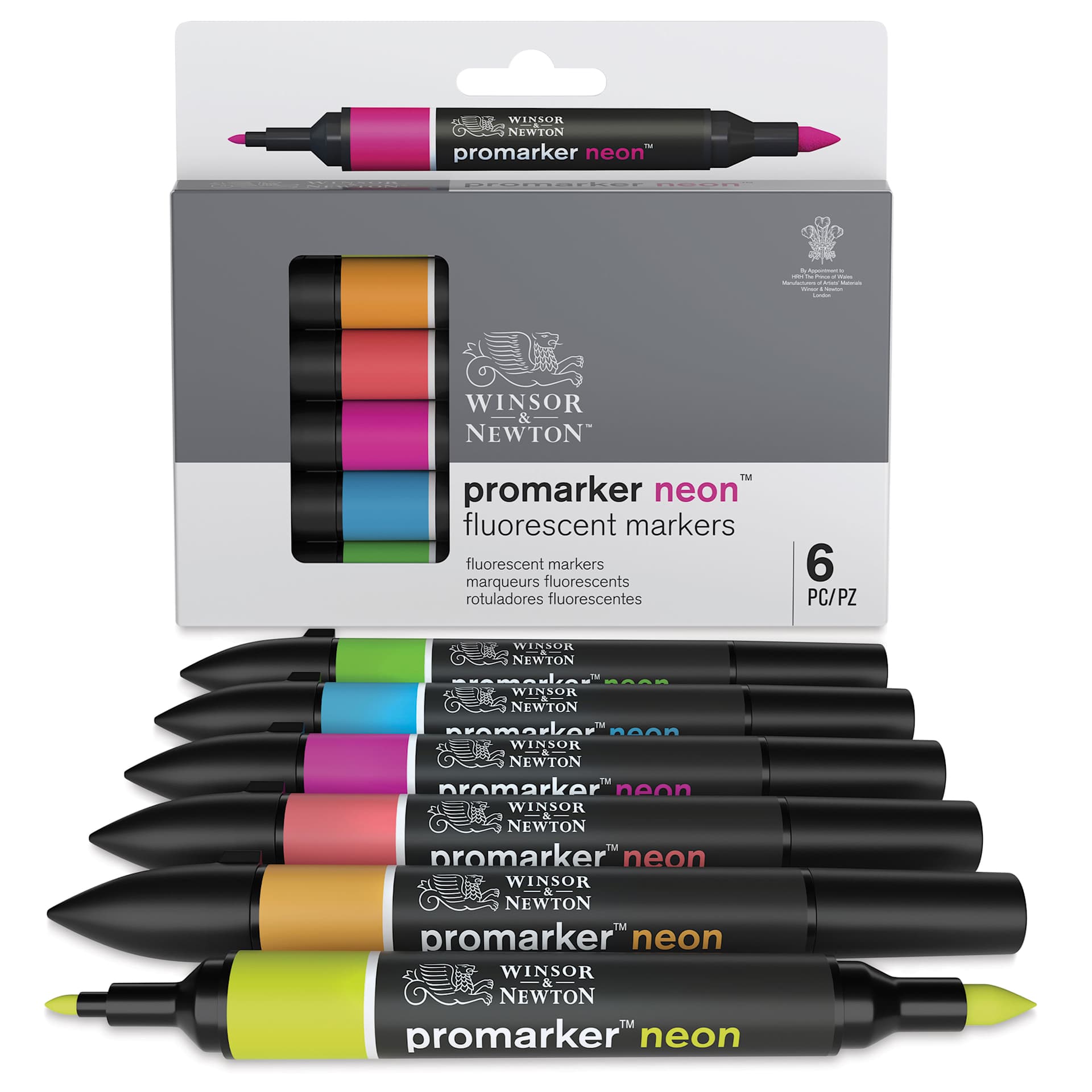 Winsor & Newton Neon ProMarkers - Set of 6, markers laid out in front of the packaging Winsor & Newton Neon ProMarkers - Set of 6, markers laid out in front of the packaging