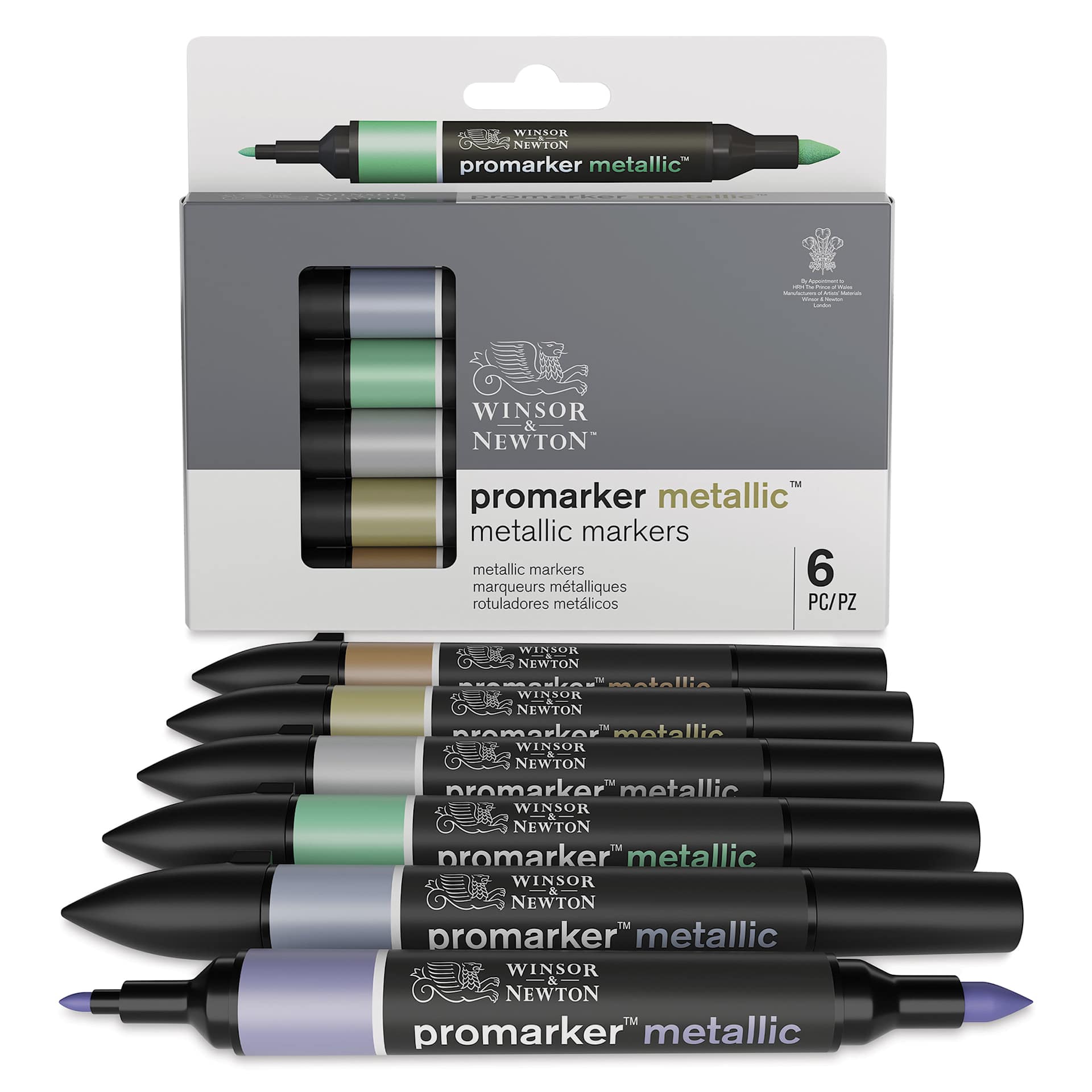Winsor & Newton Promarker Metallic Markers - Set of 6, markers laid out in front of the packaging Winsor & Newton Promarker Metallic Markers - Set of 6, markers laid out in front of the packaging