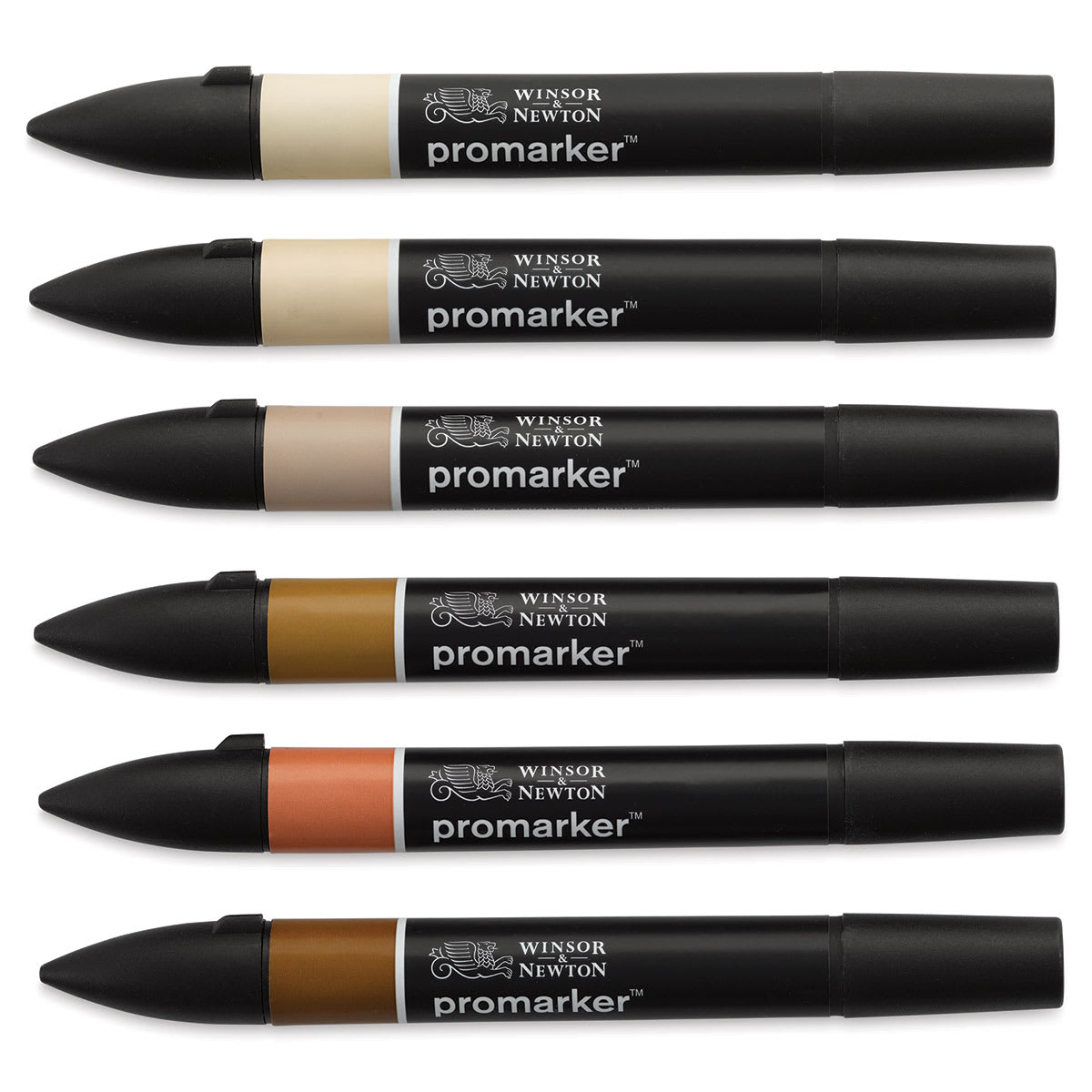 Winsor & Newton Promarker - Skin Tones 2, Set of 6, laid out with caps on