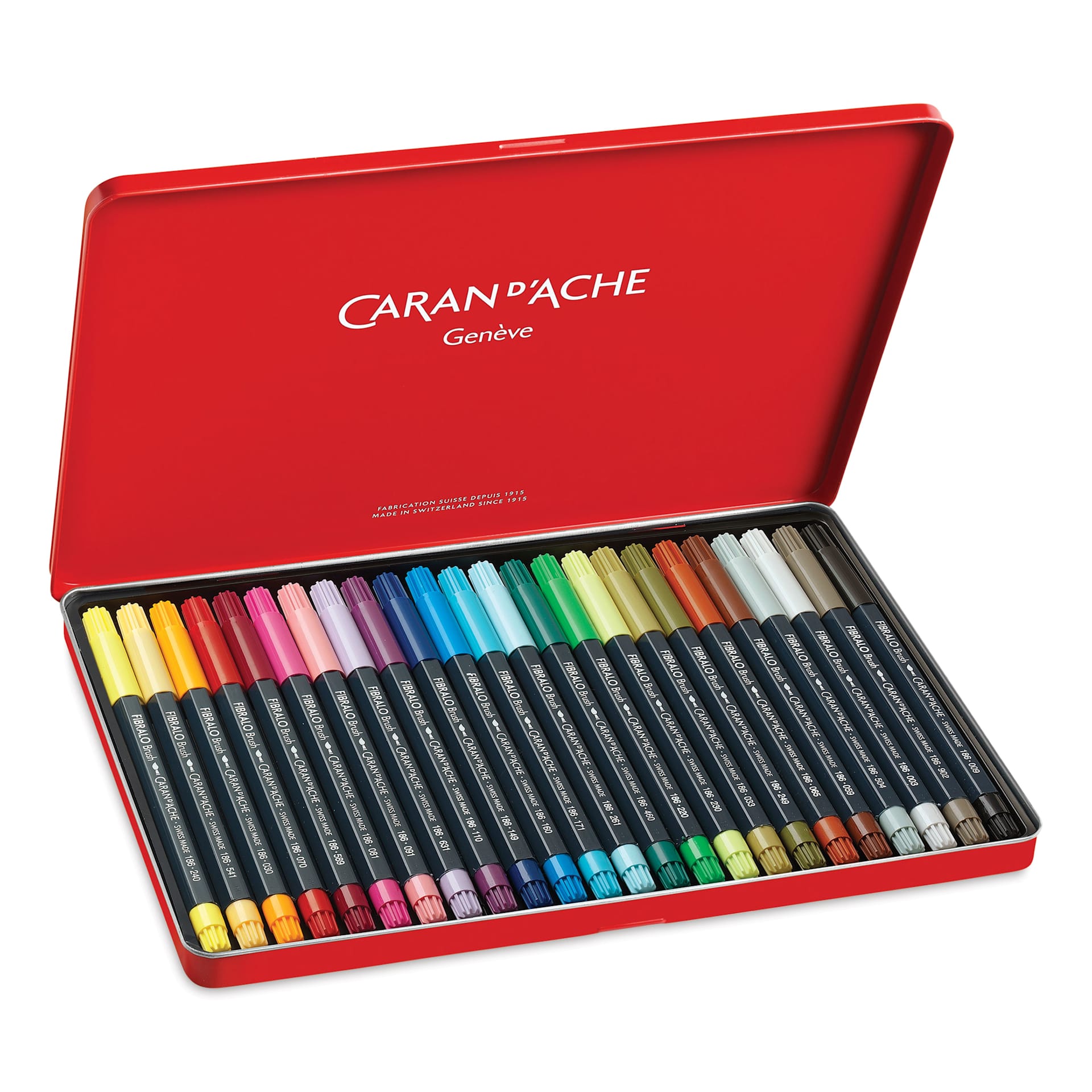 Caran d'Ache Fibralo Brush Markers - Set of 24 shown in storage tin