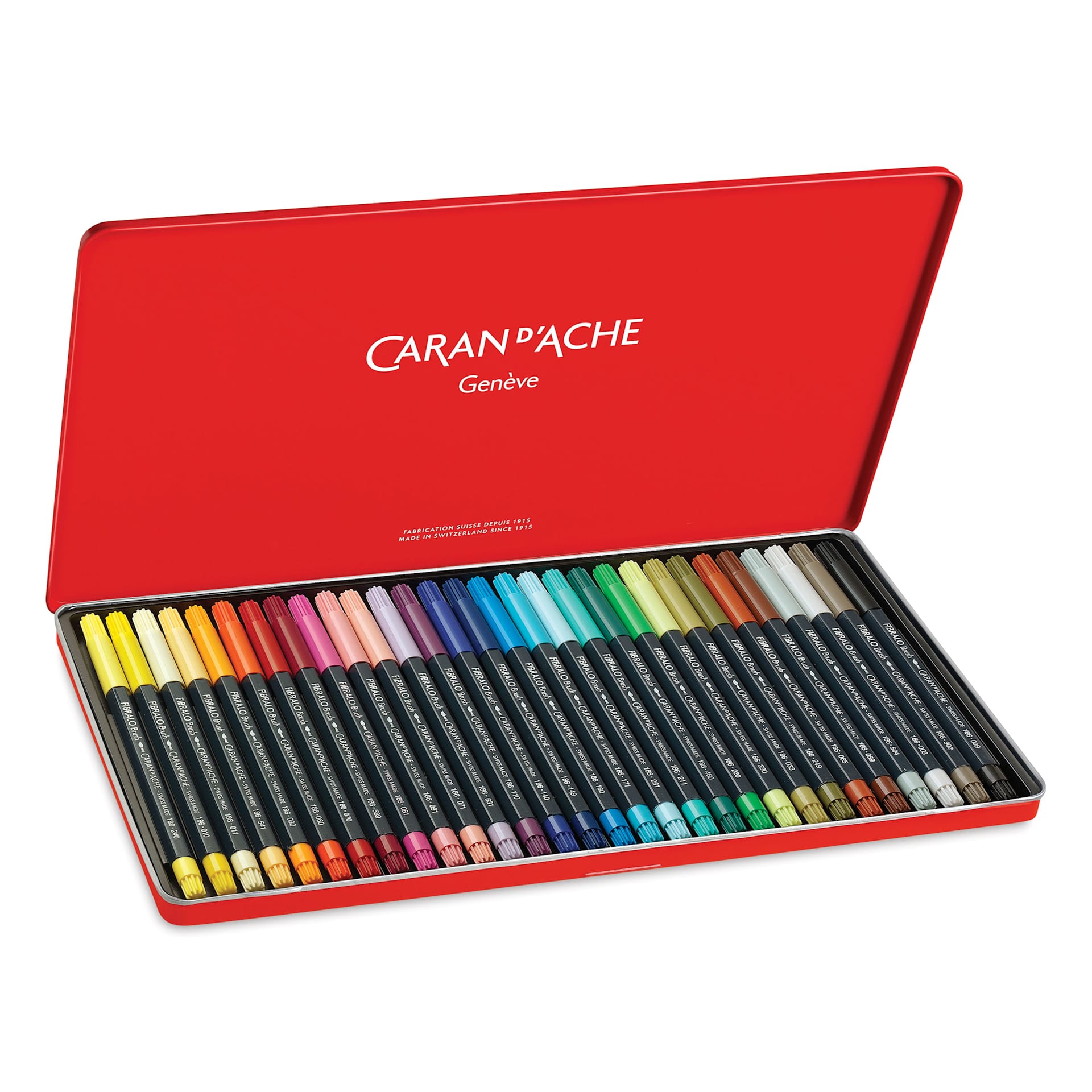 Caran d'Ache Fibralo Brush Markers - Set of 30 shown in storage tin