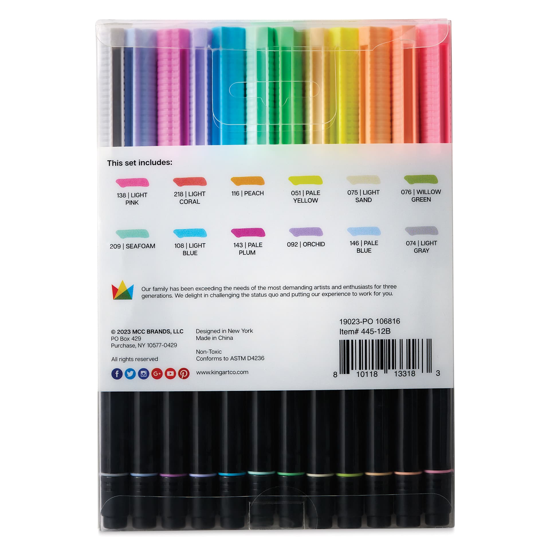 Kingart Twin-Tip Brush Pen Set - Pastel, Set of 12, back of the packaging