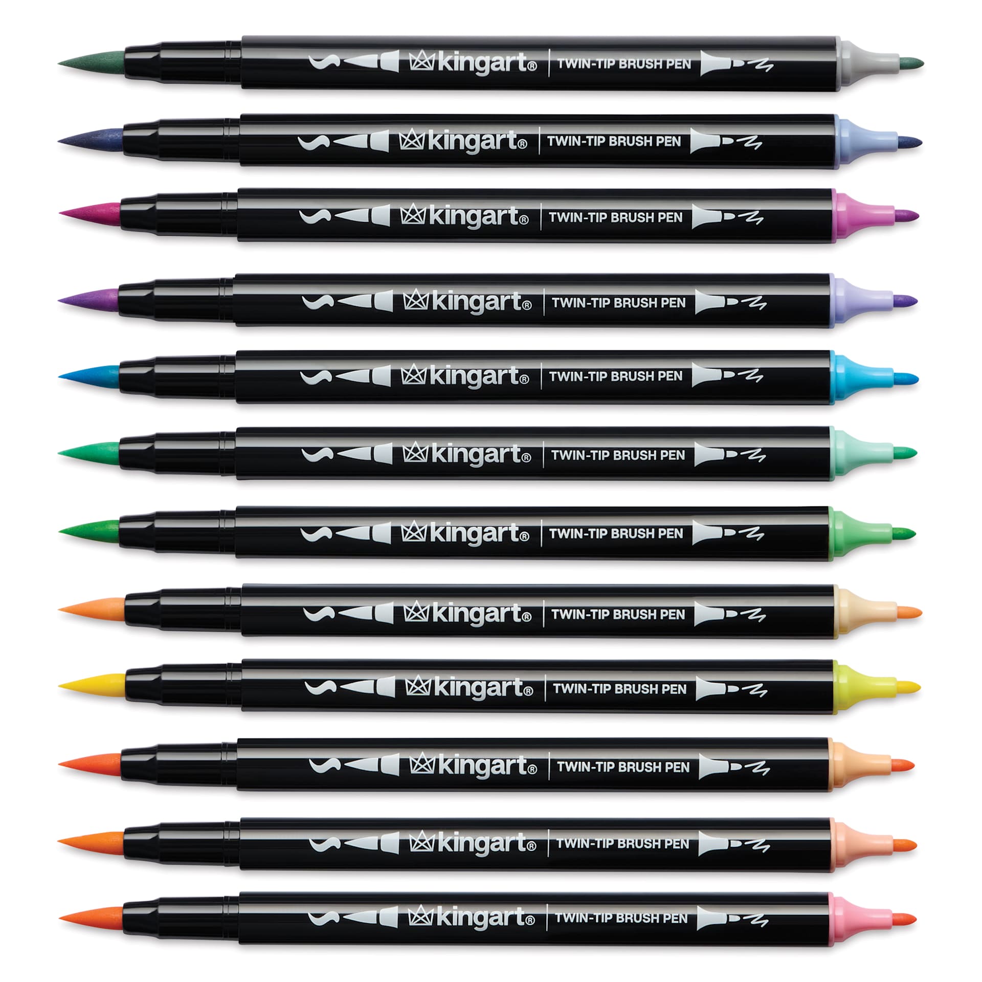 Kingart Twin-Tip Brush Pen Set - Pastel, Set of 12, markers laid out with caps removed