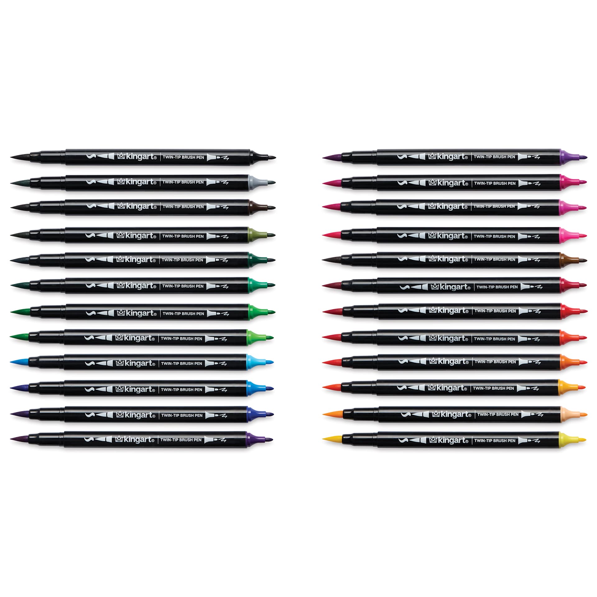 Kingart Twin-Tip Brush Pen Set - Set of 24, markers laid out with caps removed