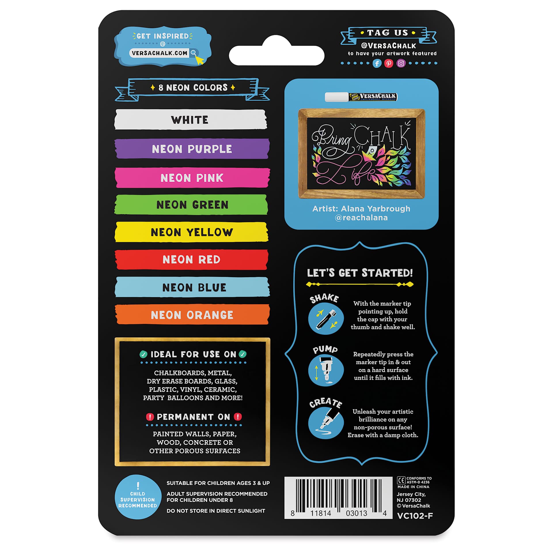 VersaChalk Wet Erase Liquid Chalk Markers - Set of 8, Neon Colors, Fine Tip, back of packaging