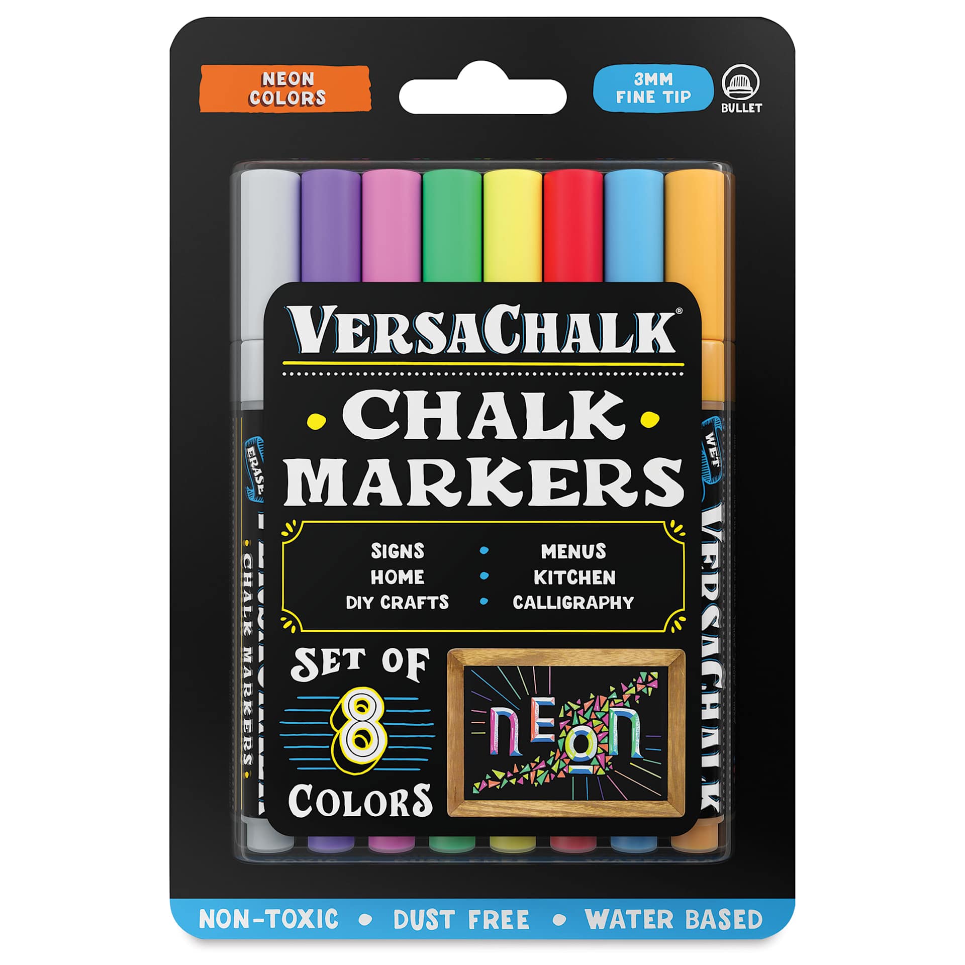 VersaChalk Wet Erase Liquid Chalk Markers - Set of 8, Neon Colors, Fine Tip, front of packaging