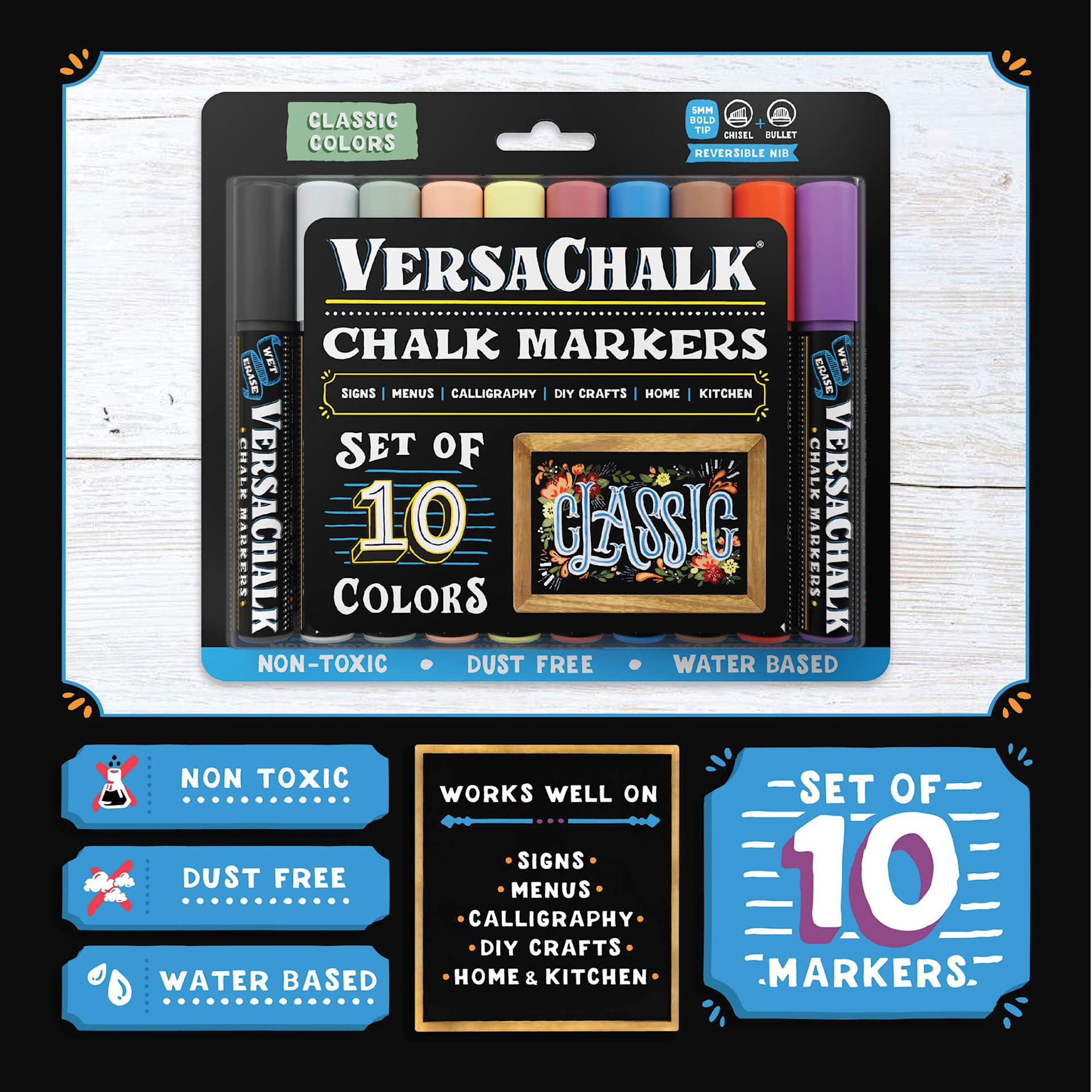 VersaChalk Wet Erase Liquid Chalk Markers - Set of 10, Classic Colors, Bold Tip (features)