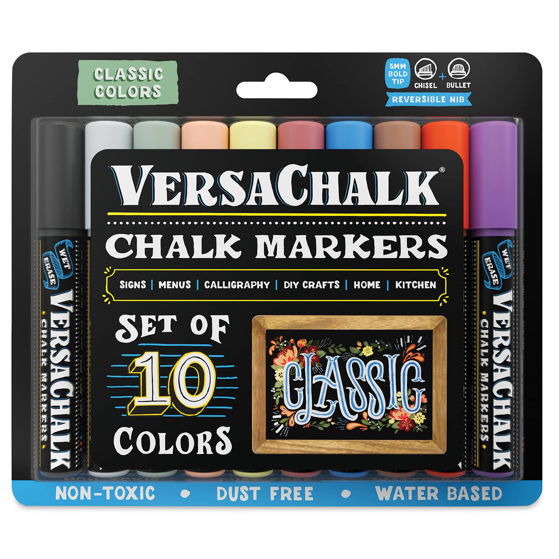 VersaChalk Wet Erase Liquid Chalk Markers - Set of 10, Classic Colors, Bold Tip (front of packaging)