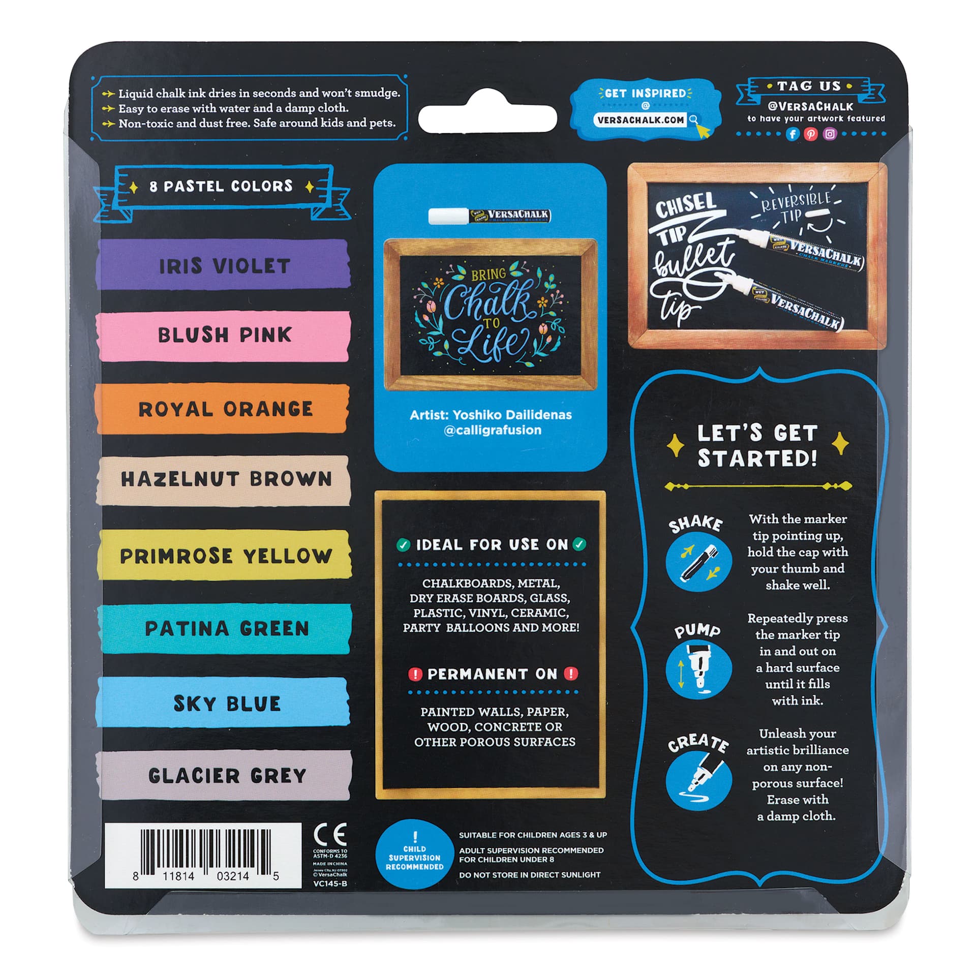 VersaChalk Wet Erase Liquid Chalk Markers - Pastel Colors, 5 mm, Set of 8, Bold Tip, back of pack