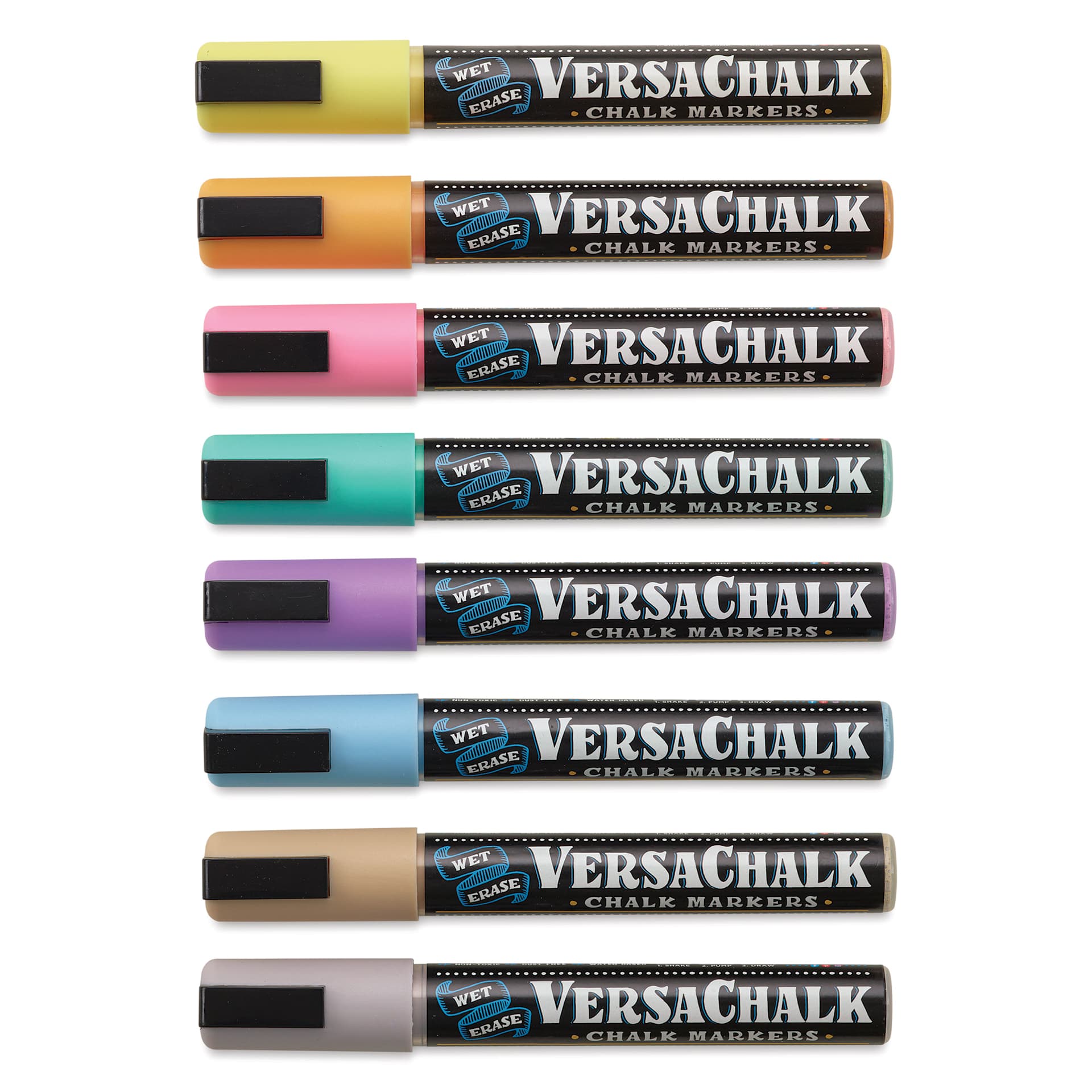 VersaChalk Wet Erase Liquid Chalk Markers - Pastel Colors, 5 mm, Set of 8, Bold Tip, cap on