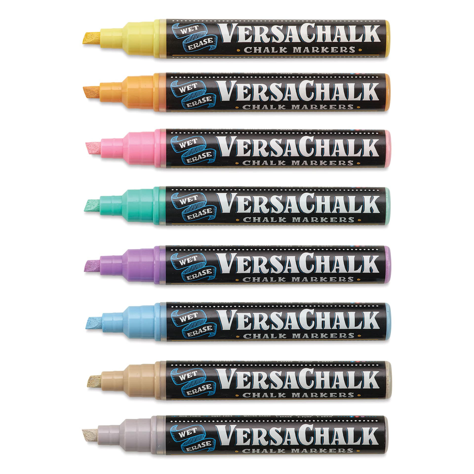 VersaChalk Wet Erase Liquid Chalk Markers - Pastel Colors, 5 mm, Set of 8, Bold Tip, caps off