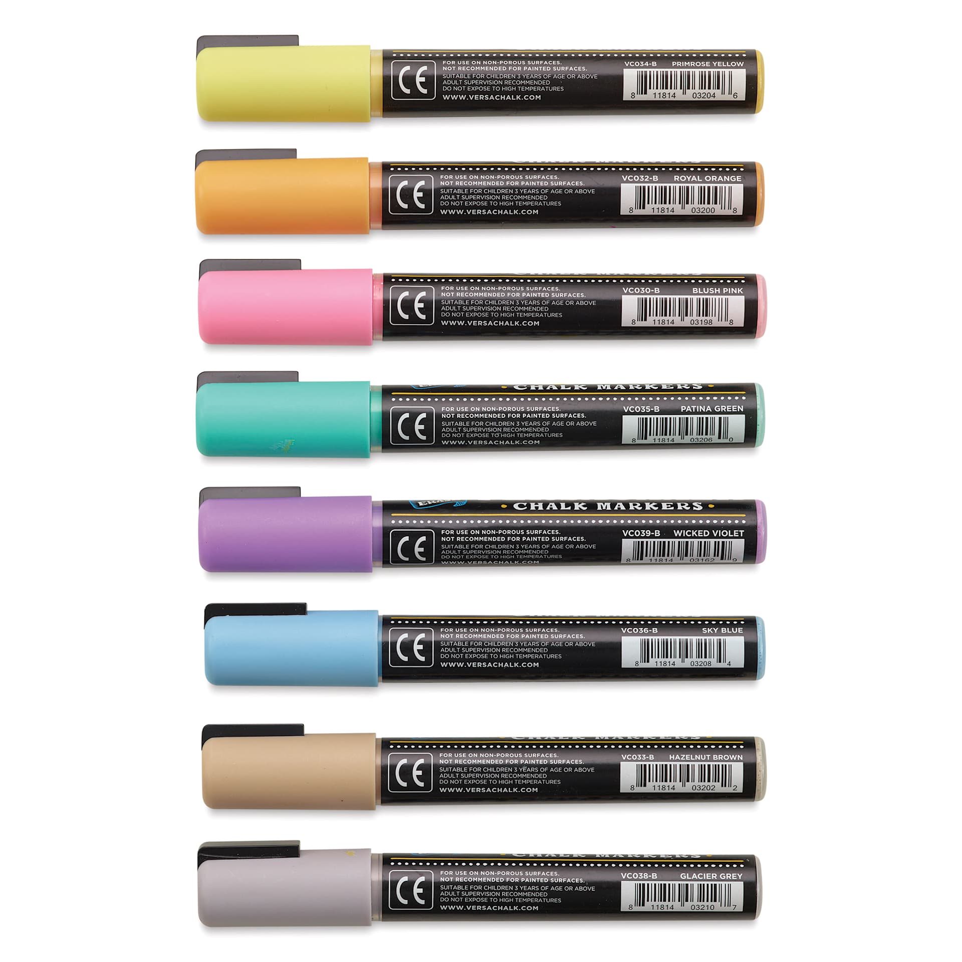 VersaChalk Wet Erase Liquid Chalk Markers - Pastel Colors, 5 mm, Set of 8, Bold Tip, back of marker barrel