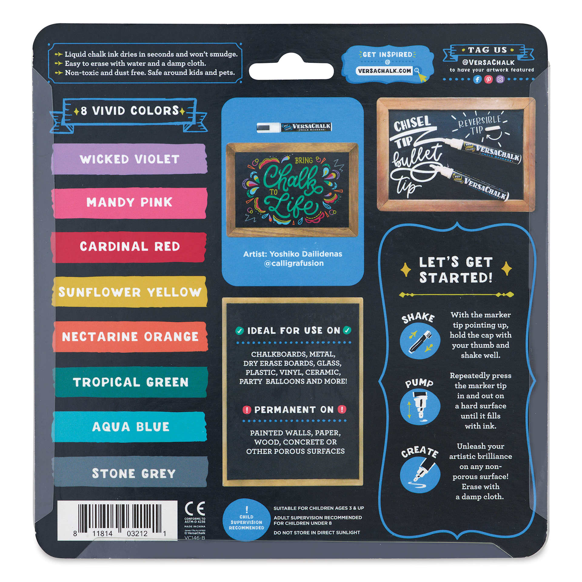 VersaChalk Wet Erase Liquid Chalk Markers - Vivid Colors, 5 mm, Set of 8, Bold Tip, back of packaging