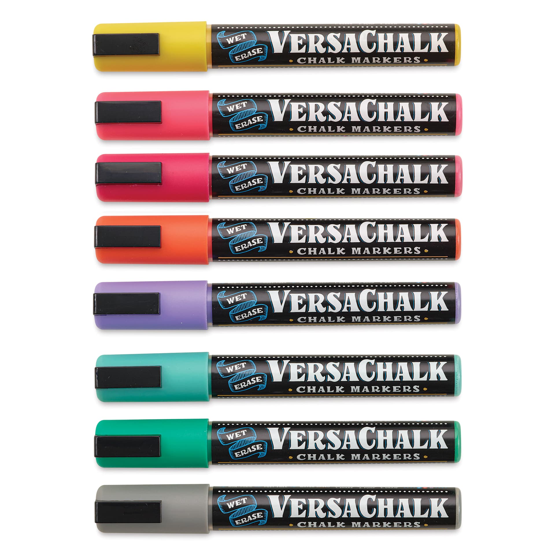 VersaChalk Wet Erase Liquid Chalk Markers - Vivid Colors, 5 mm, Set of 8, Bold Tip, cap on