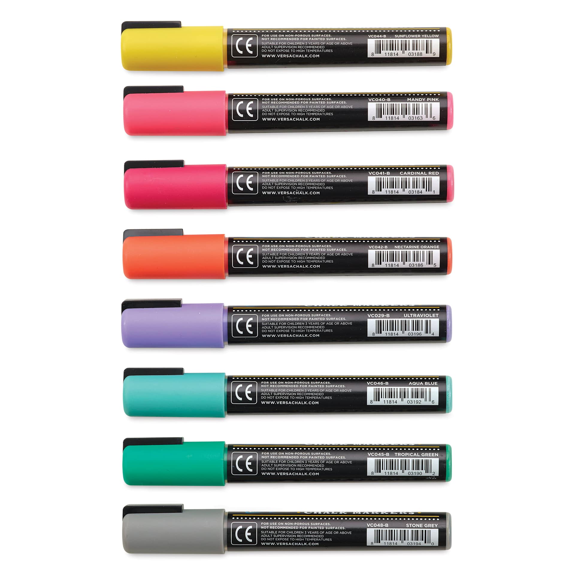 VersaChalk Wet Erase Liquid Chalk Markers - Vivid Colors, 5 mm, Set of 8, Bold Tip, back of marker barrel