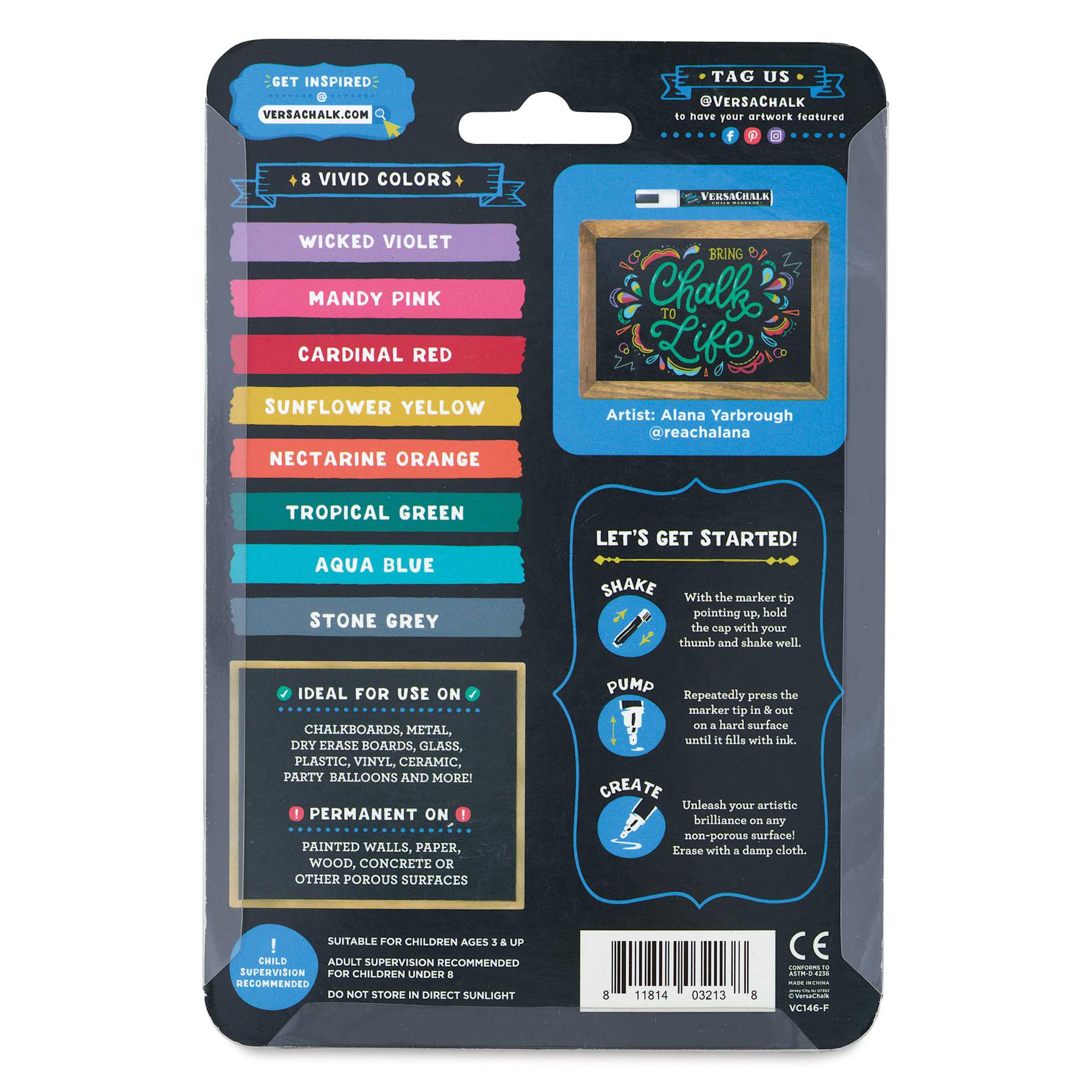 VersaChalk Wet Erase Liquid Chalk Markers - Vivid Colors, 3 mm, Set of 8, Fine Tip, back of pack