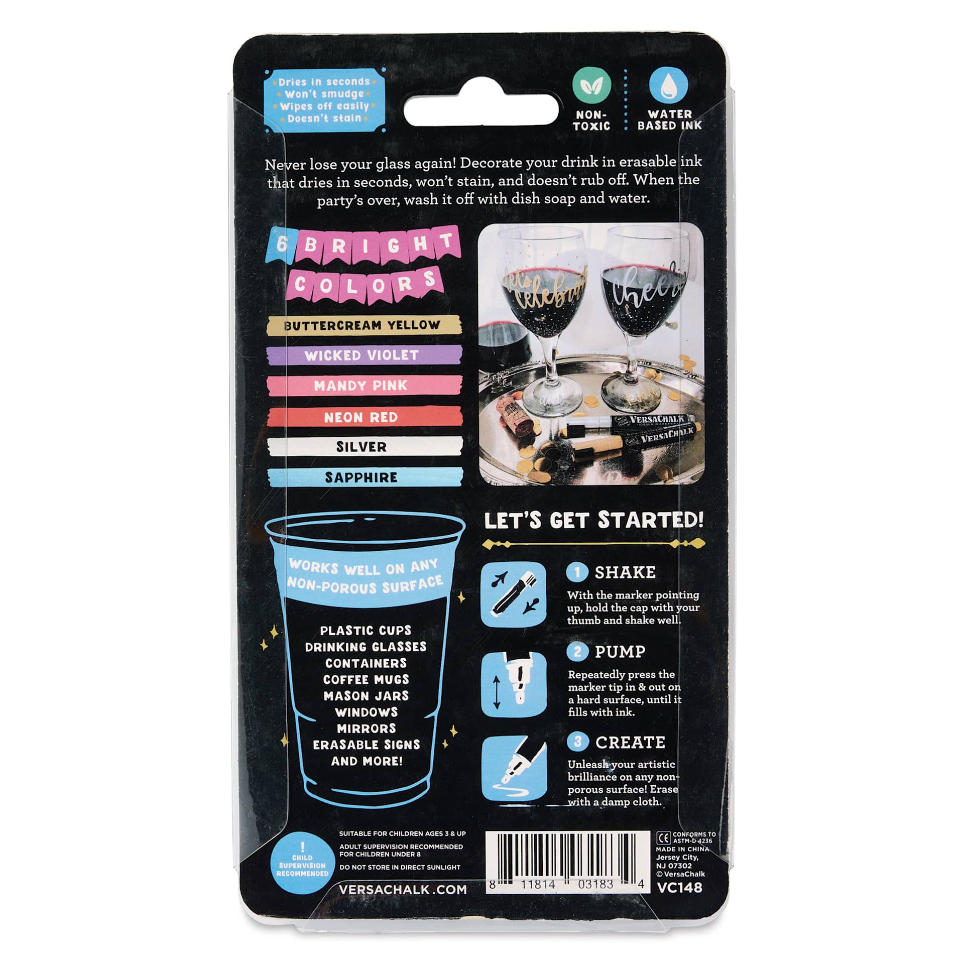 VersaChalk Wet Erase Liquid Chalk Wine Glass Markers - Bright Colors, Set of 6, back of the packaging