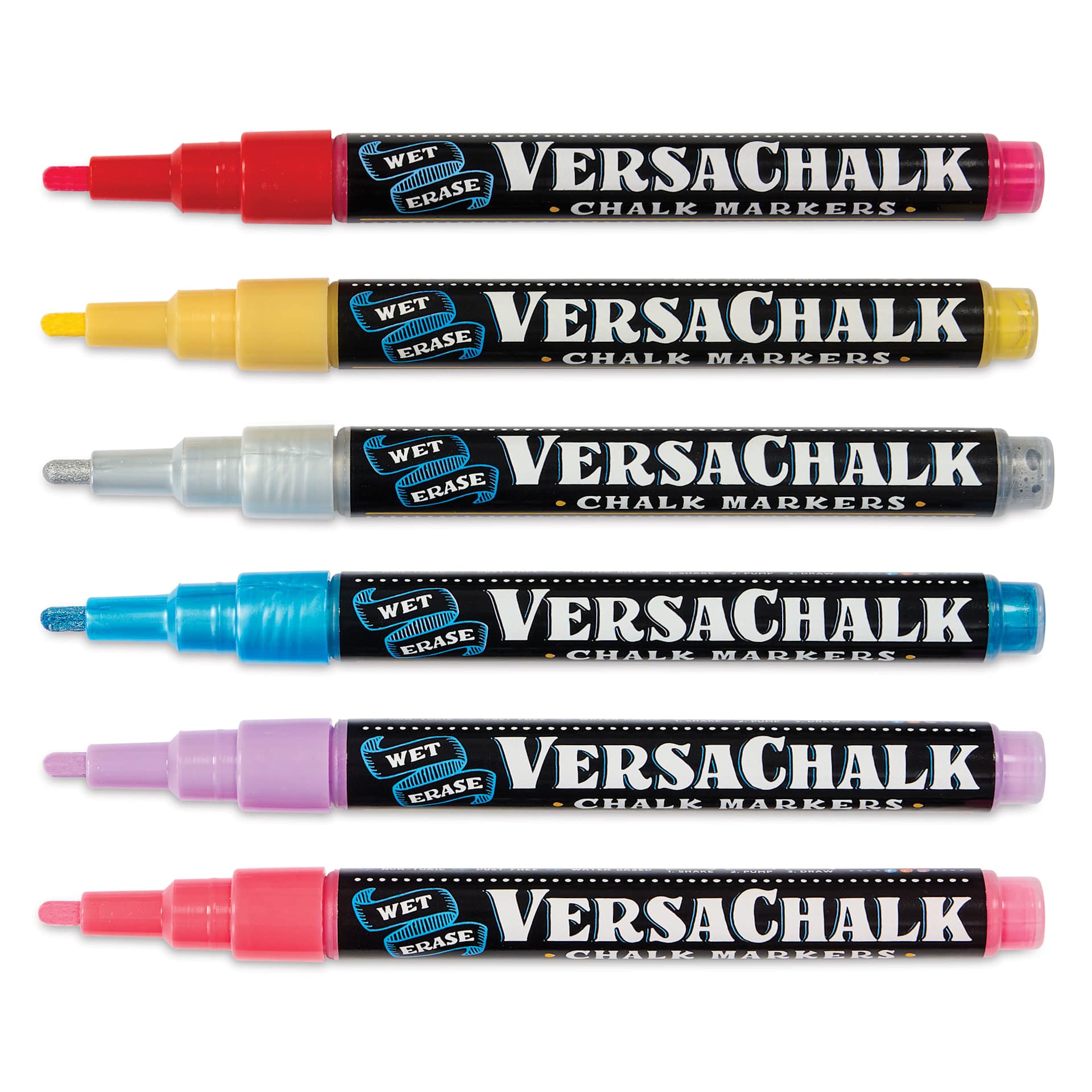 VersaChalk Wet Erase Liquid Chalk Wine Glass Markers - Bright Colors, Set of 6, caps off