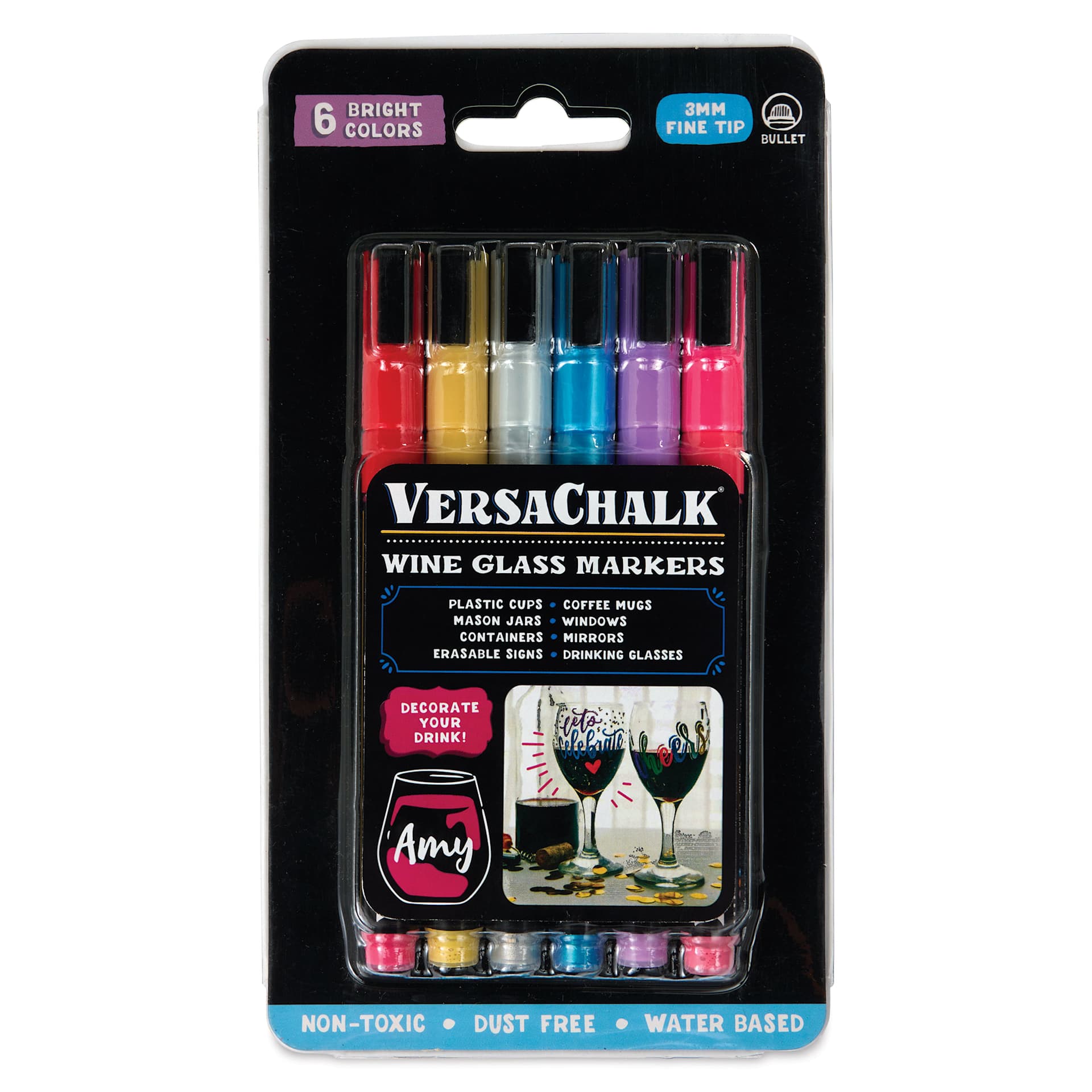 VersaChalk Wet Erase Liquid Chalk Wine Glass Markers - Bright Colors, Set of 6, front of the packaging