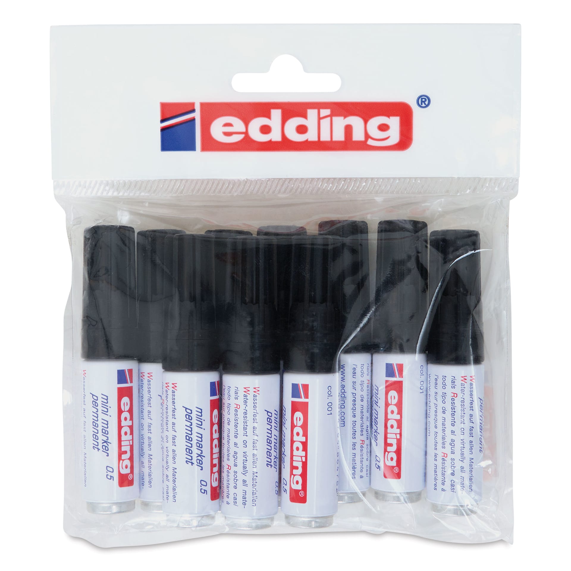 Edding Mini Permanent Markers - Set of 10, Black, Bullet Nib, front of packaging Edding Mini Permanent Markers - Set of 10, Black, Bullet Nib, front of packaging