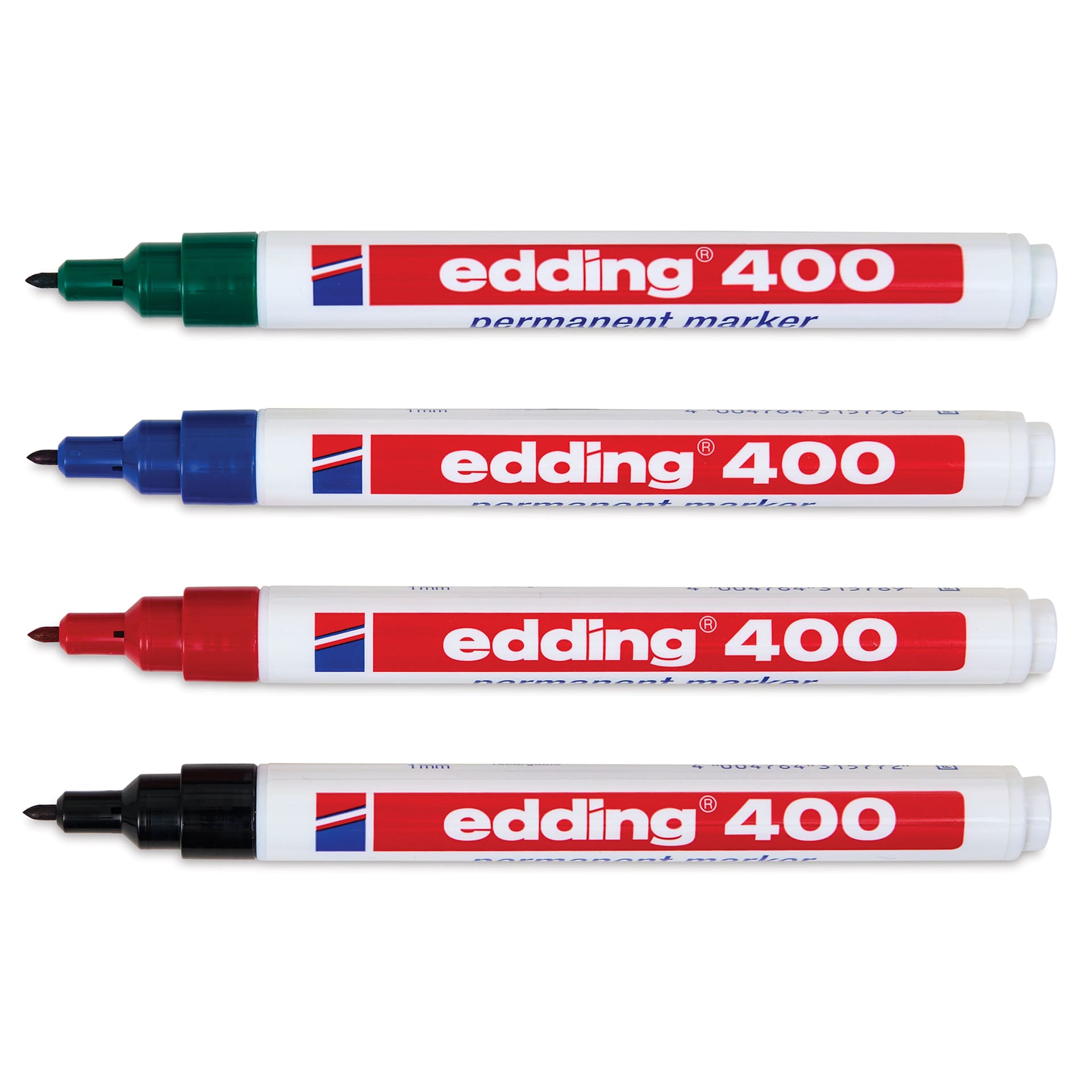 Edding Permanent Marker - Assorted Colors, 400 Series, Set of 4, markers laid out with caps off Edding Permanent Marker - Assorted Colors, 400 Series, Set of 4, markers laid out with caps off