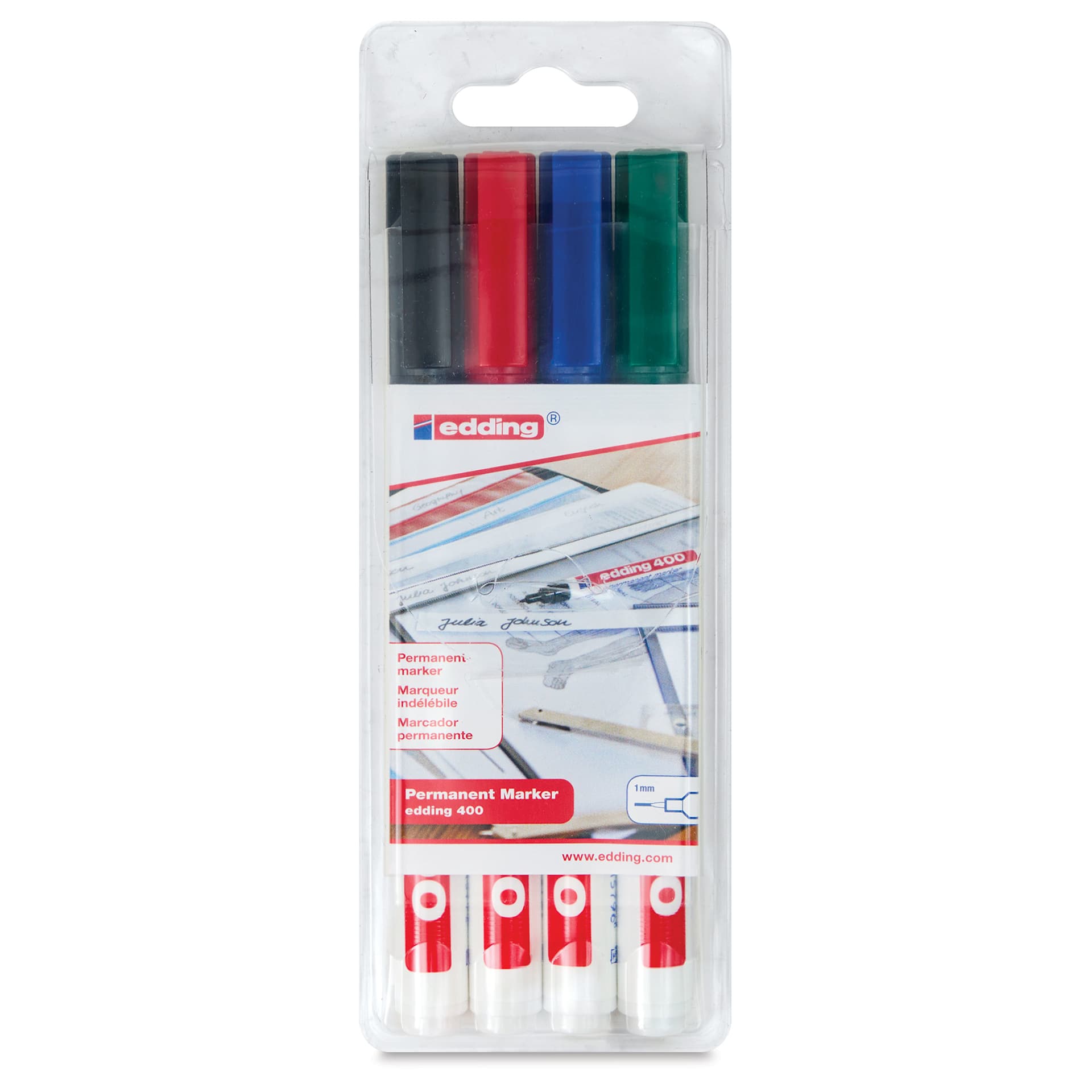 Edding Permanent Marker - Assorted Colors, 400 Series, Set of 4, front of the packaging Edding Permanent Marker - Assorted Colors, 400 Series, Set of 4, front of the packaging
