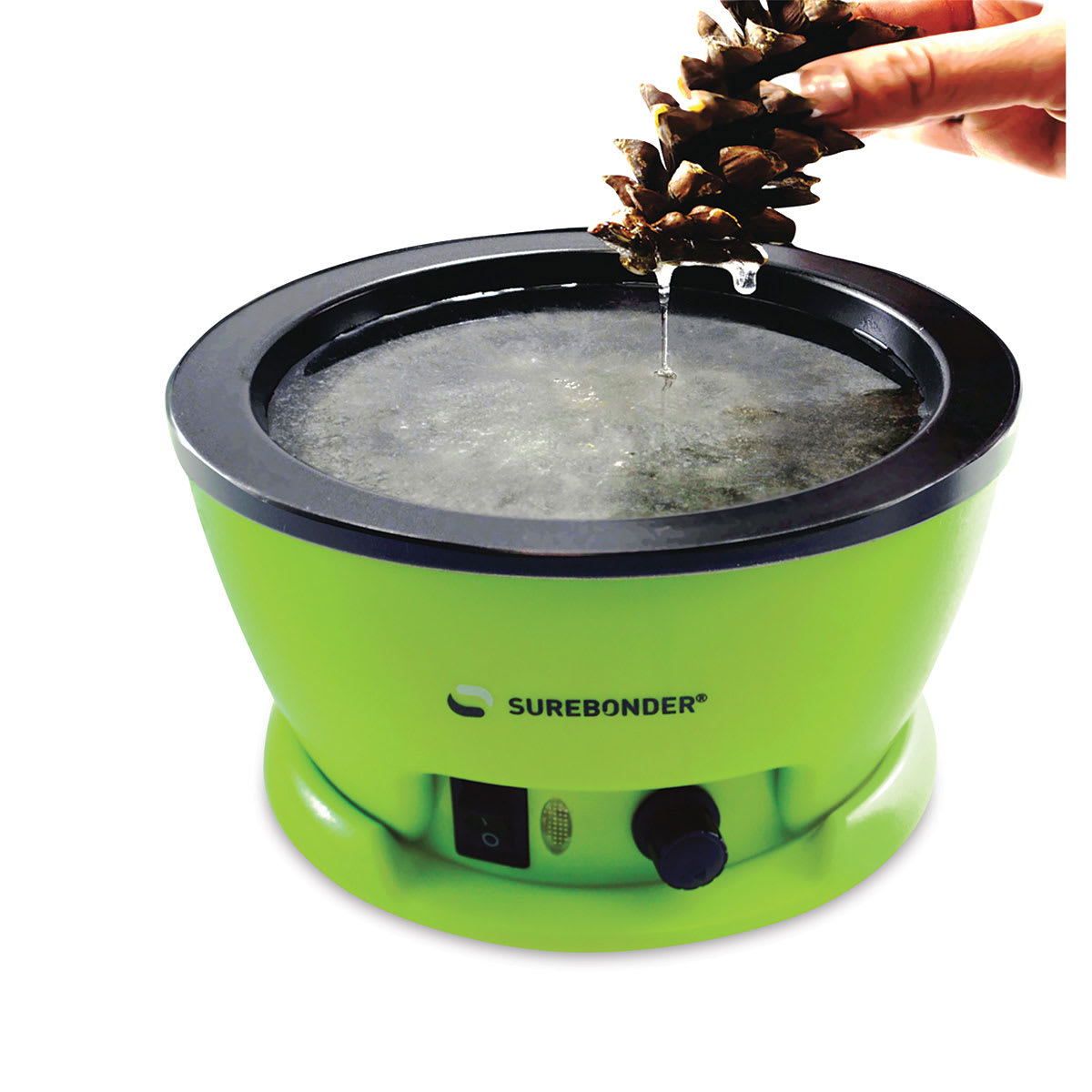 Surebonder All-Temp Hot Glue Pellets - Hand dipping item into liquid Glue
