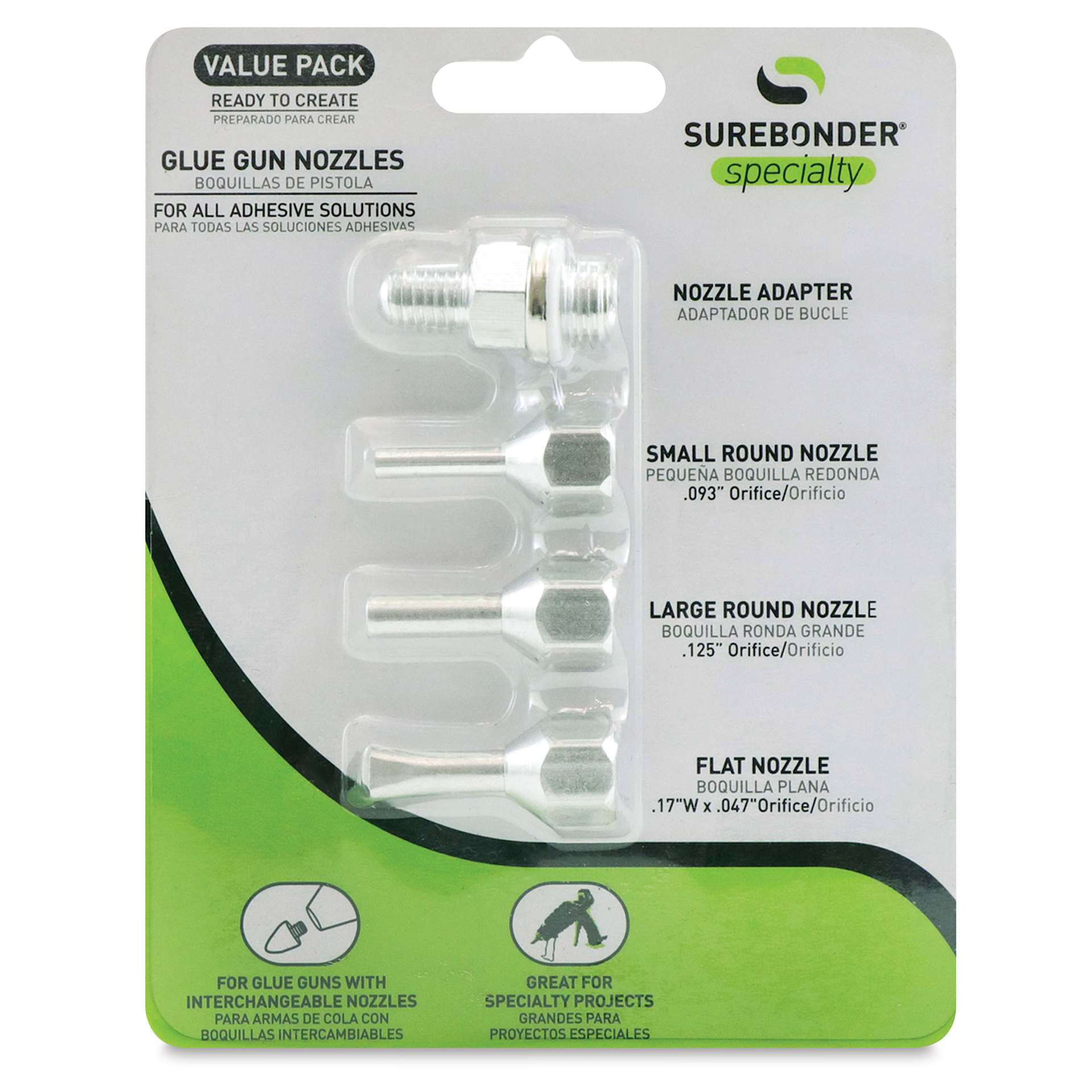 Surebonder Interchangeable Hot Glue Gun Nozzles (Front of packaging)