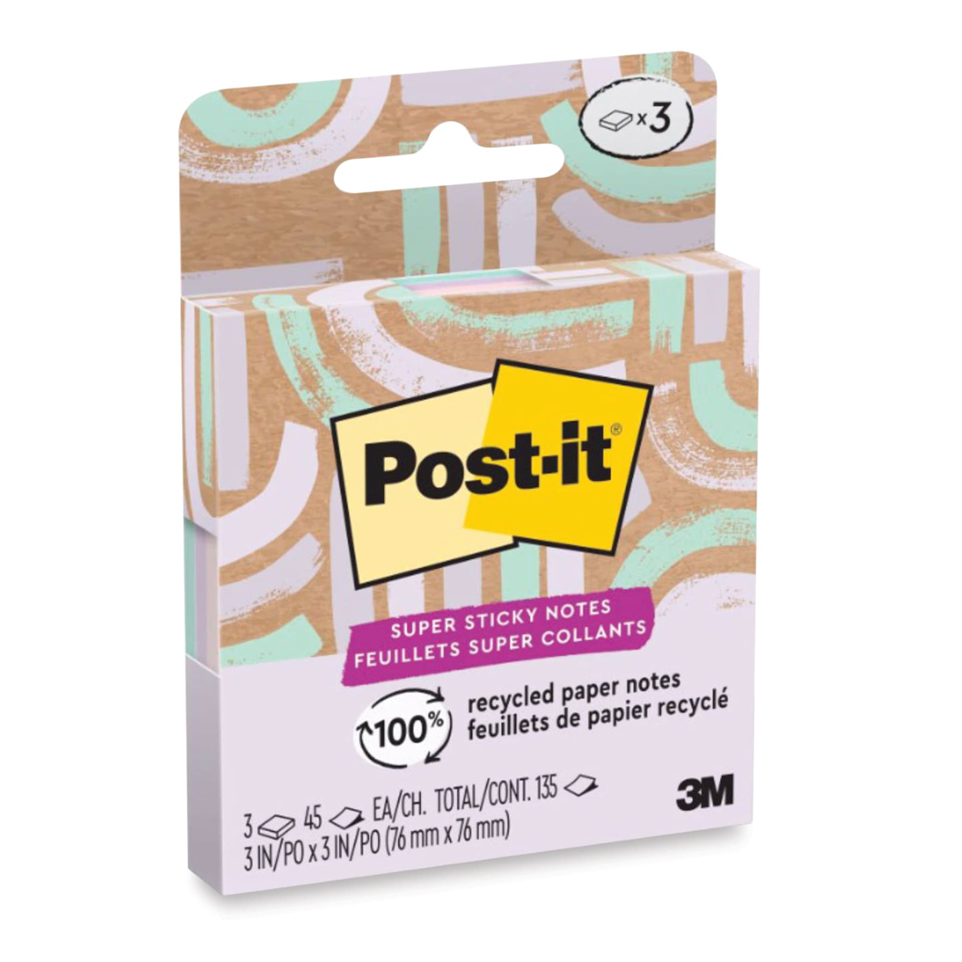 Post-it Recycled Super Sticky Notes - Wanderlust Pastels Collection, 3" x 3", Pkg of 3 front of packaging